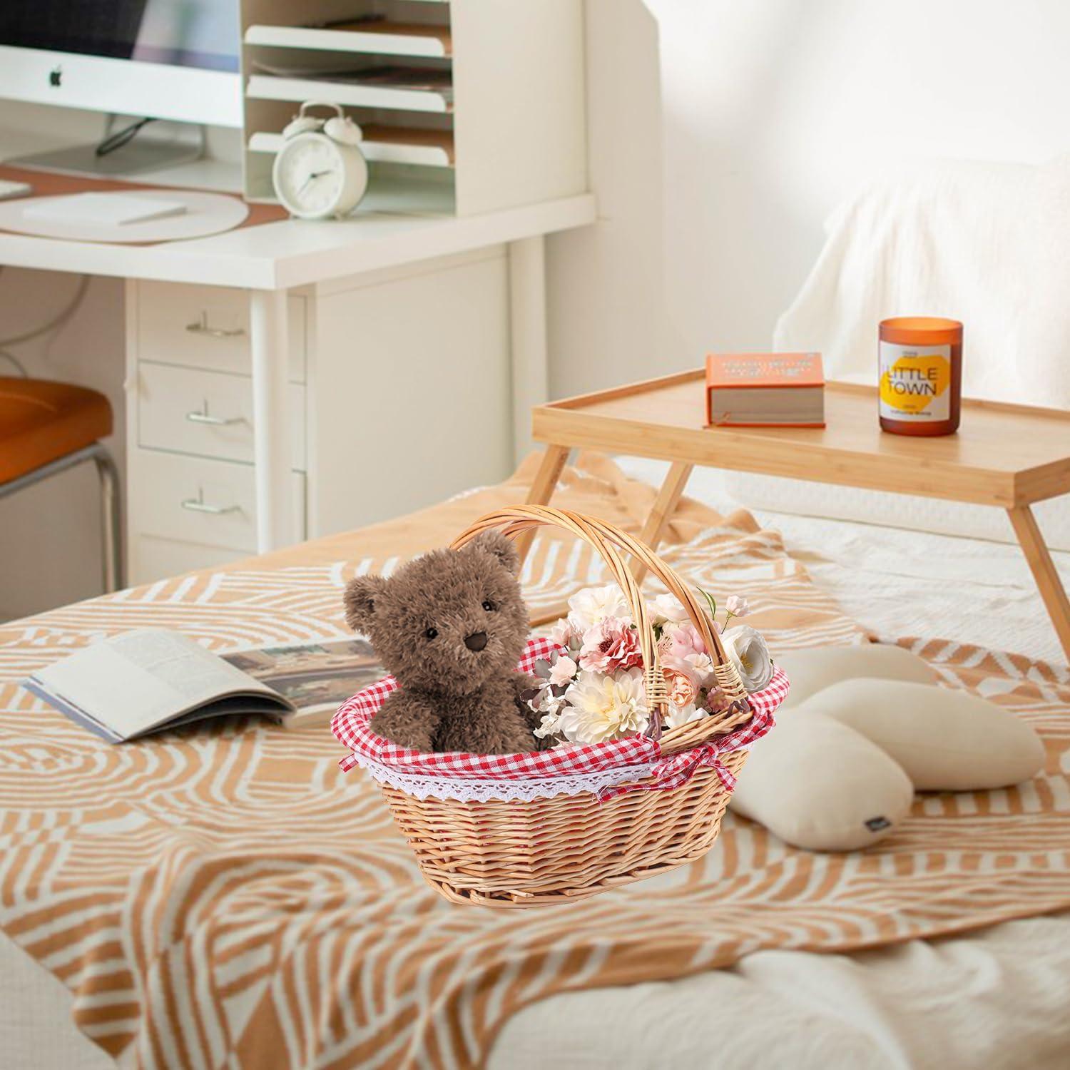 Cesta de Mimbre Natural Geytetqi 32 cm con Forro a Cuadros Rojos