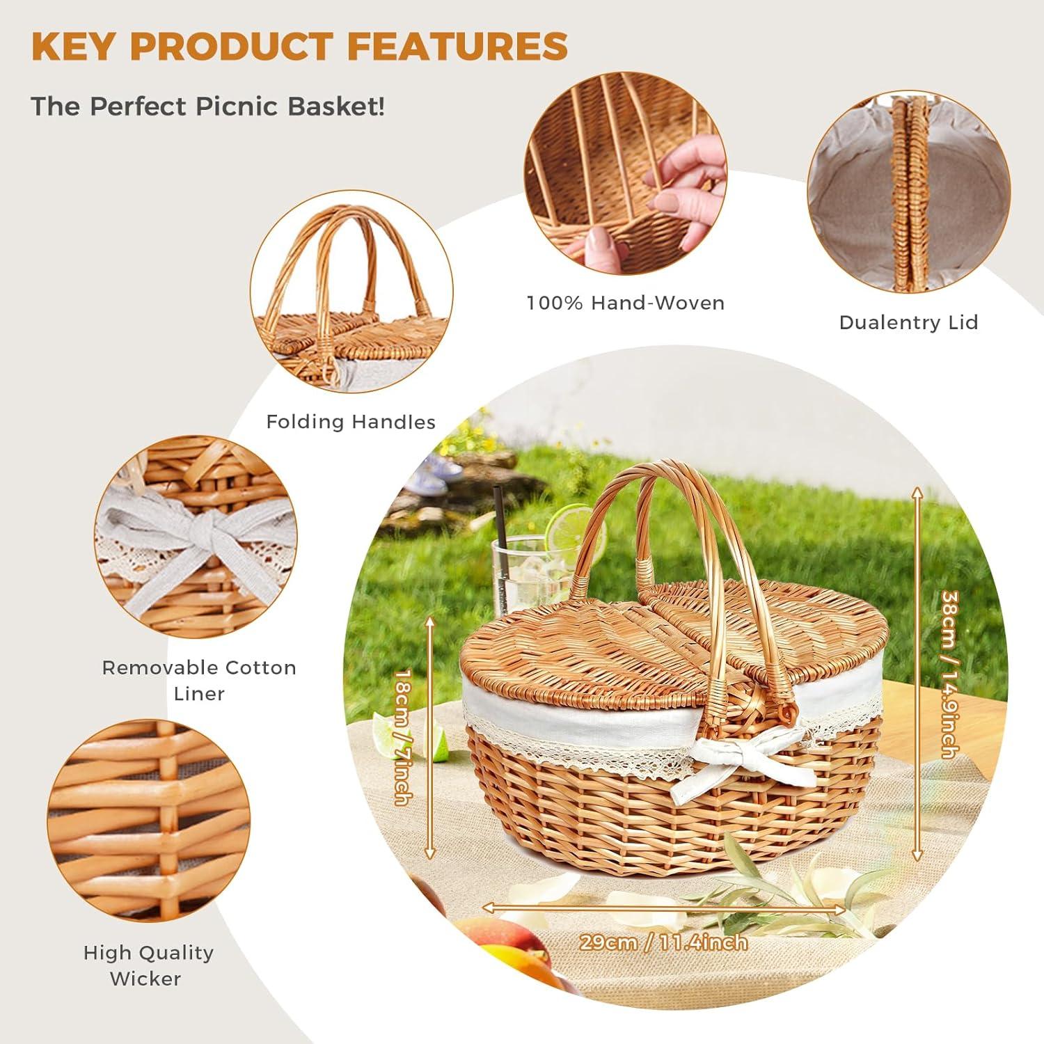 Cesta de Picnic Drflyxium de Mimbre con Tapa 38x29x18 cm