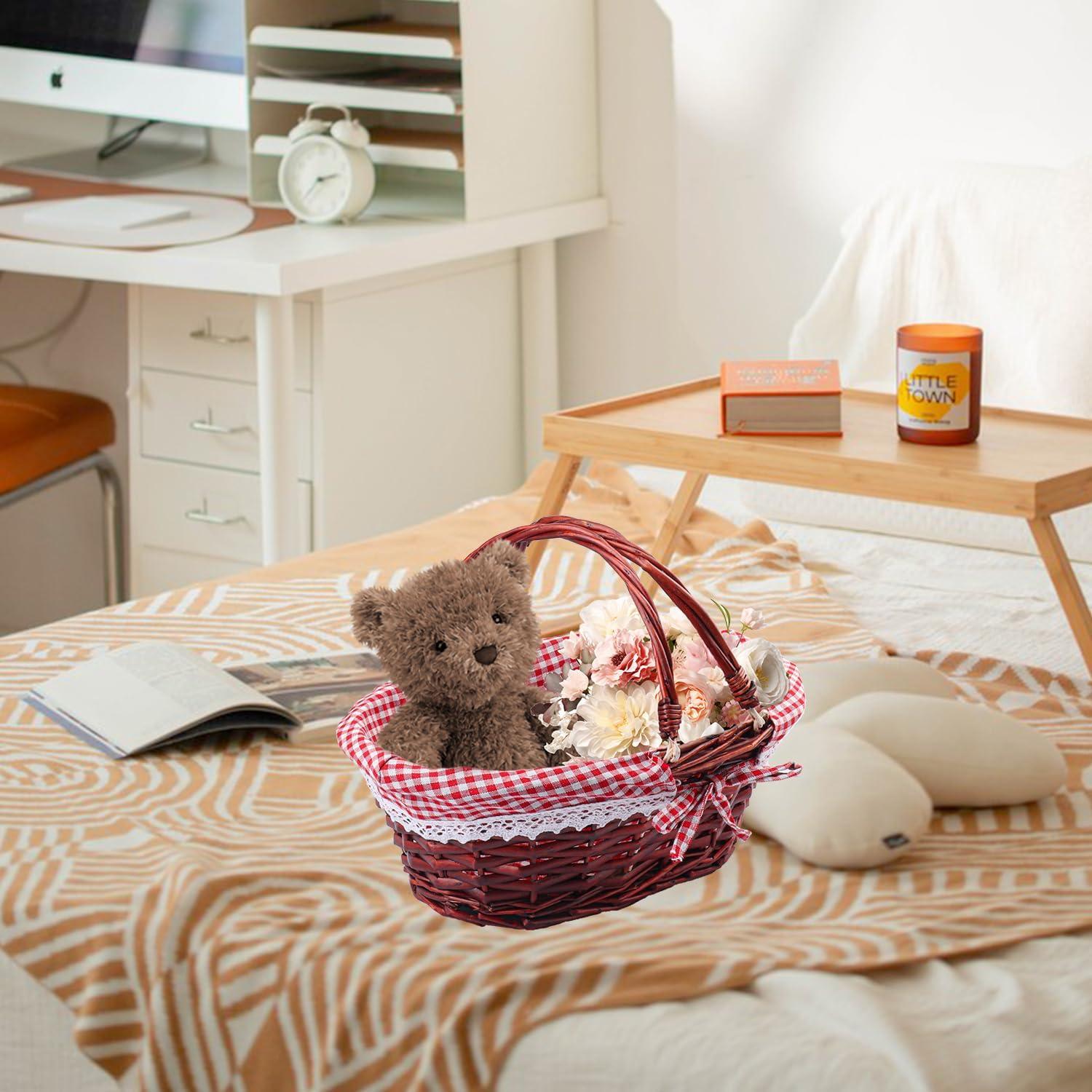 Cesta de Mimbre Geytetqi 32 cm con Forro a Cuadros Rojos