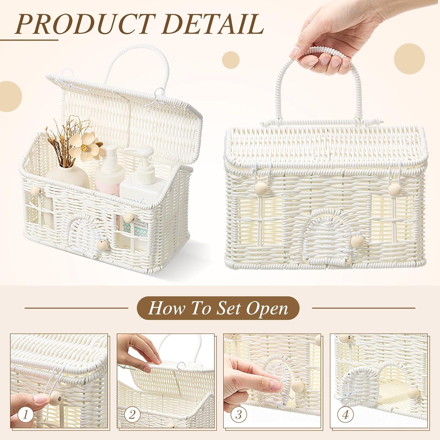 Cesta de Rattan Weysat 2 Pcs con Tapa Decorativa Blanca