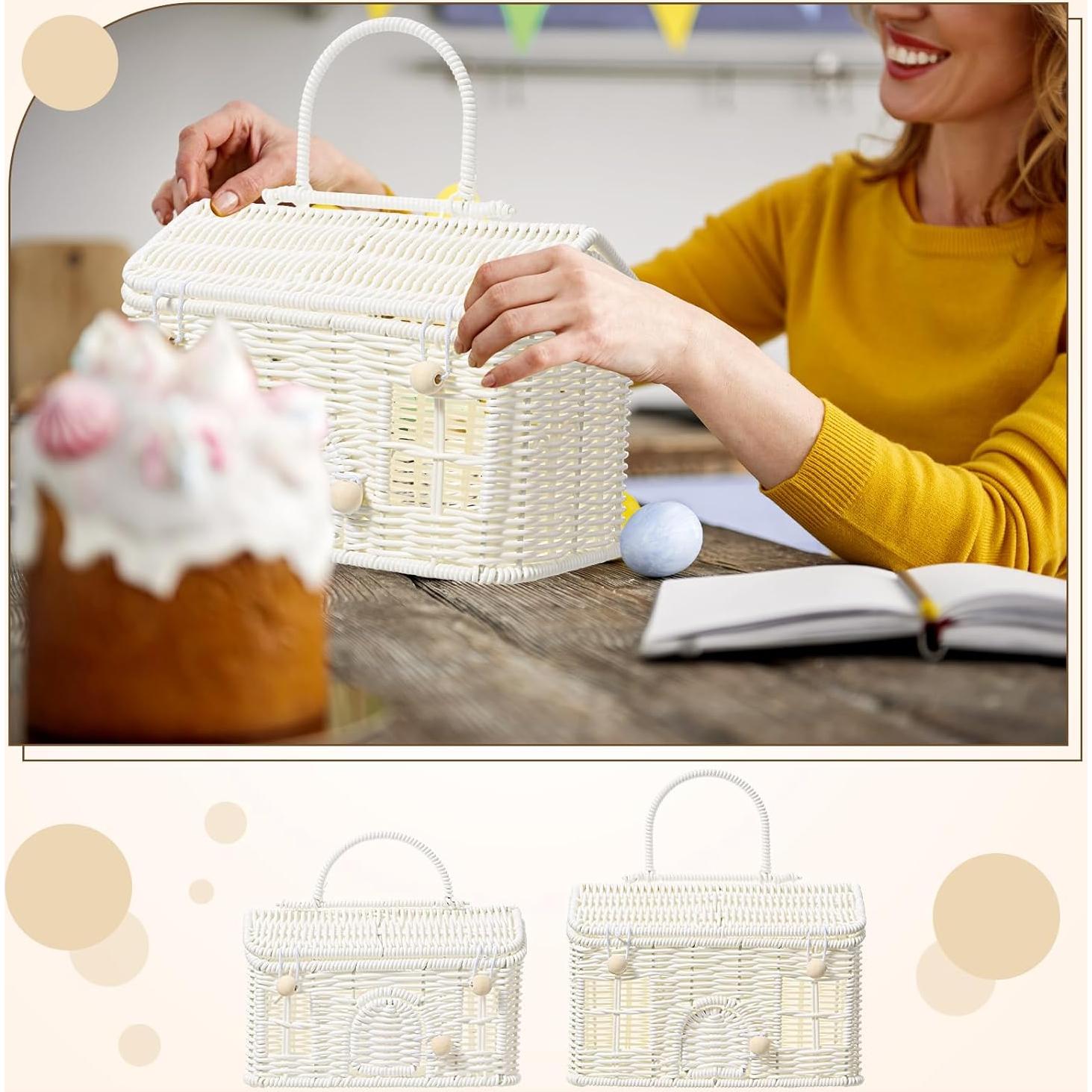 Cesta de Rattan Weysat 2 Pcs con Tapa Decorativa Blanca