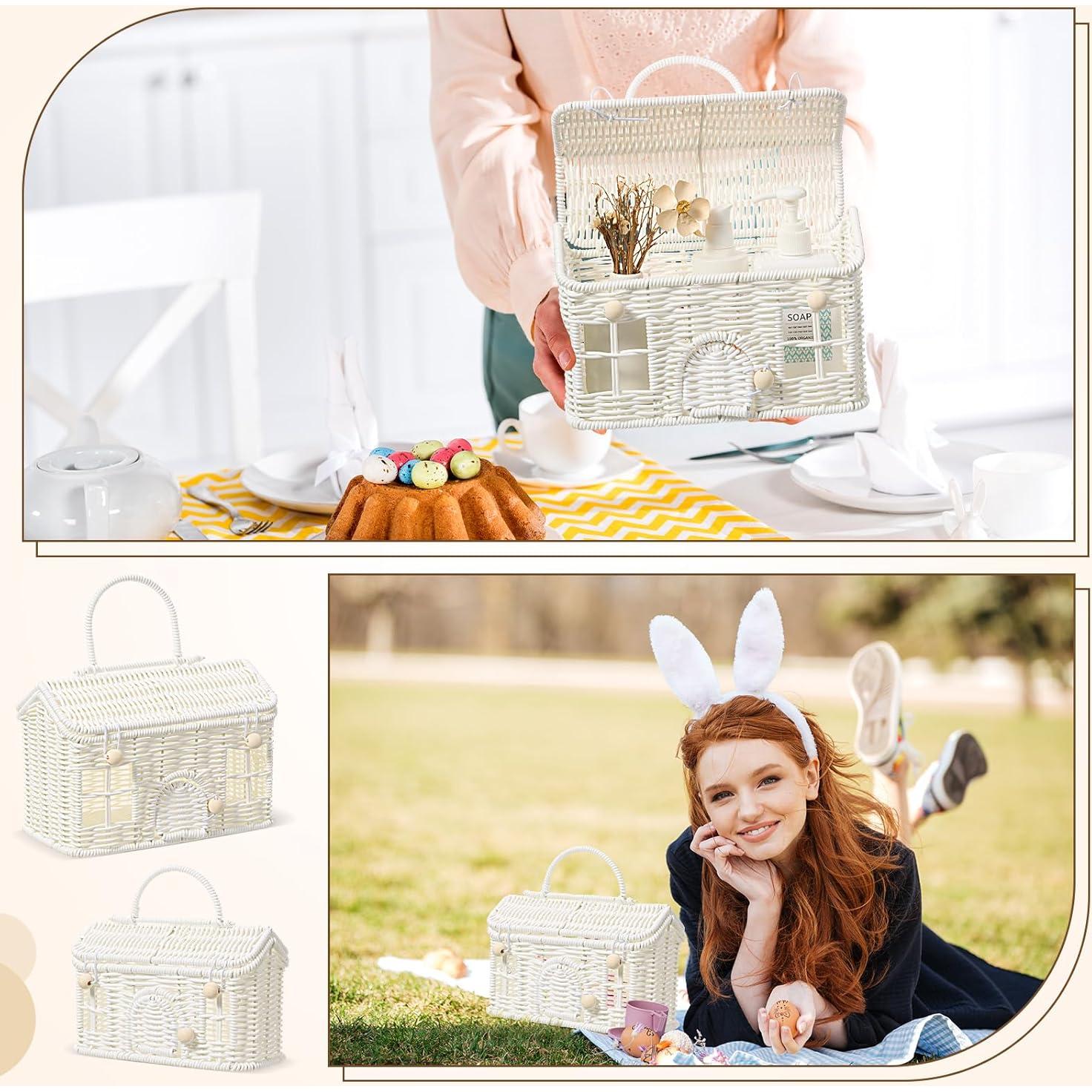 Cesta de Rattan Weysat 2 Pcs con Tapa Decorativa Blanca