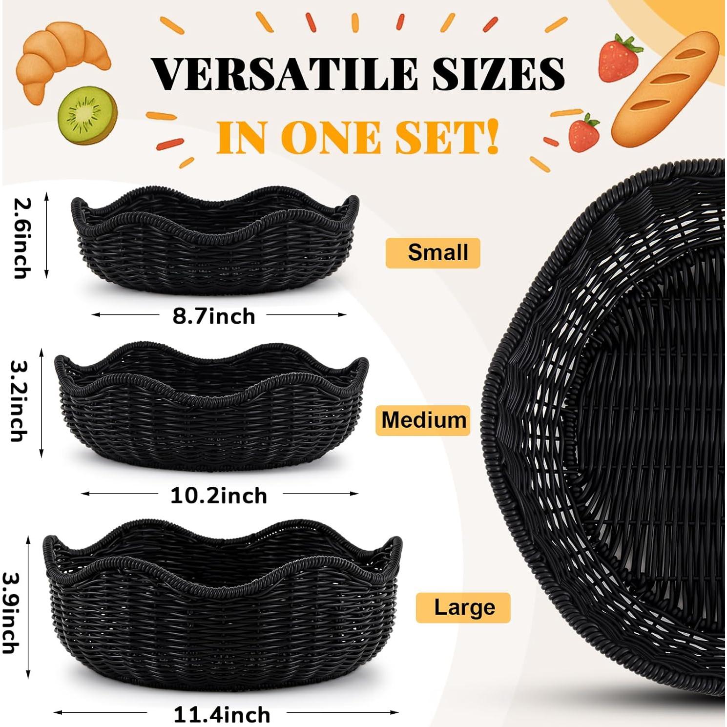 Cesta de Pan de Mimbre SiliFine 3 Piezas Negro 29cm 26cm 22cm