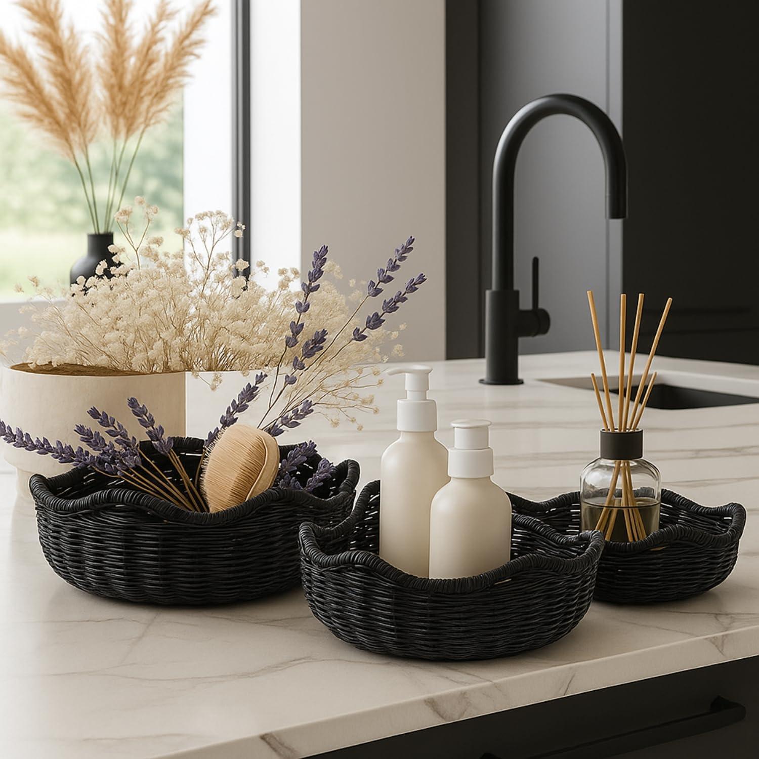 Cesta de Pan de Mimbre SiliFine 3 Piezas Negro 29cm 26cm 22cm