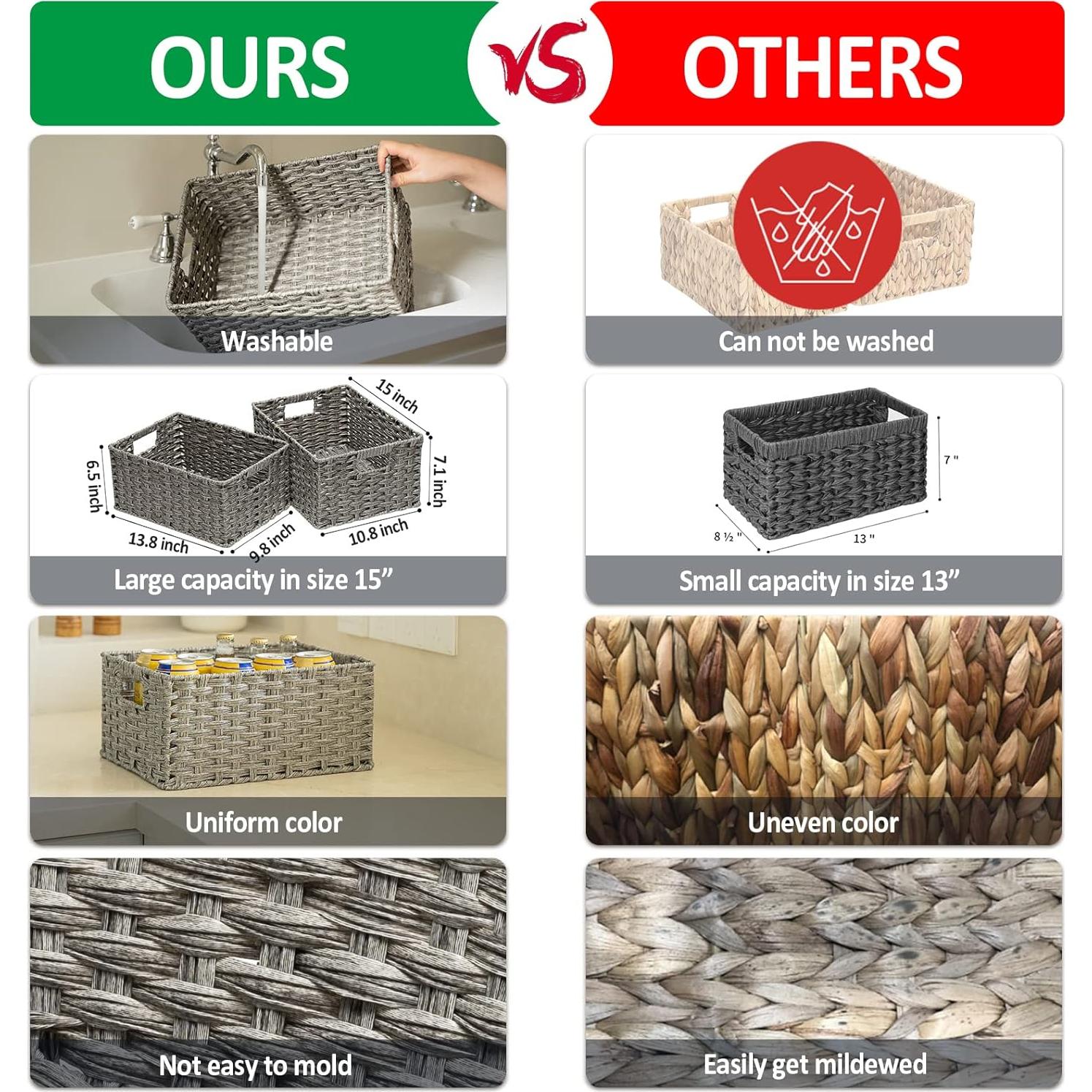 Cestas de Mimbre 2 Pack ROSOS Gris 38.1x27.4x18 cm y 35.6x24.9x16.5 cm