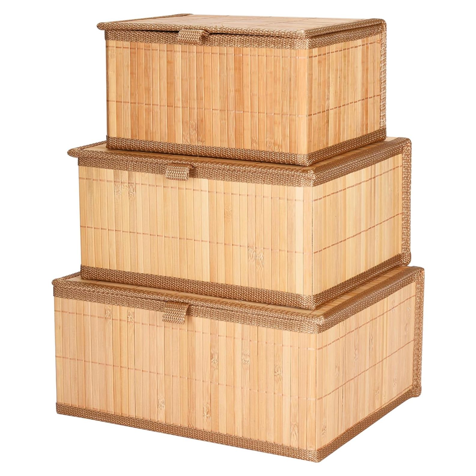 Set de 3 Cajas de Almacenamiento de Bambú Bamodi - Rectangulares Apilables con Tapa