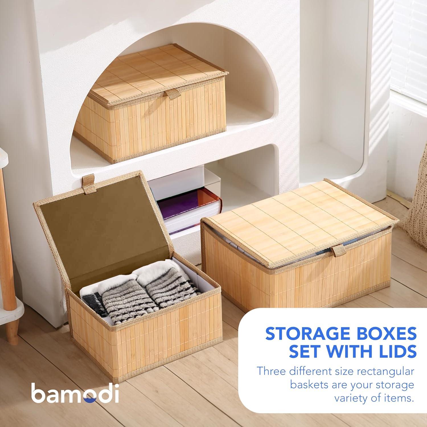 Set de 3 Cajas de Almacenamiento de Bambú Bamodi - Rectangulares Apilables con Tapa