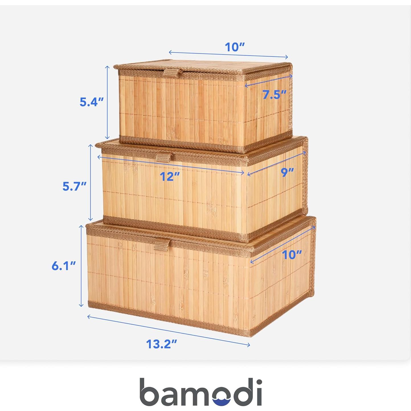 Set de 3 Cajas de Almacenamiento de Bambú Bamodi - Rectangulares Apilables con Tapa