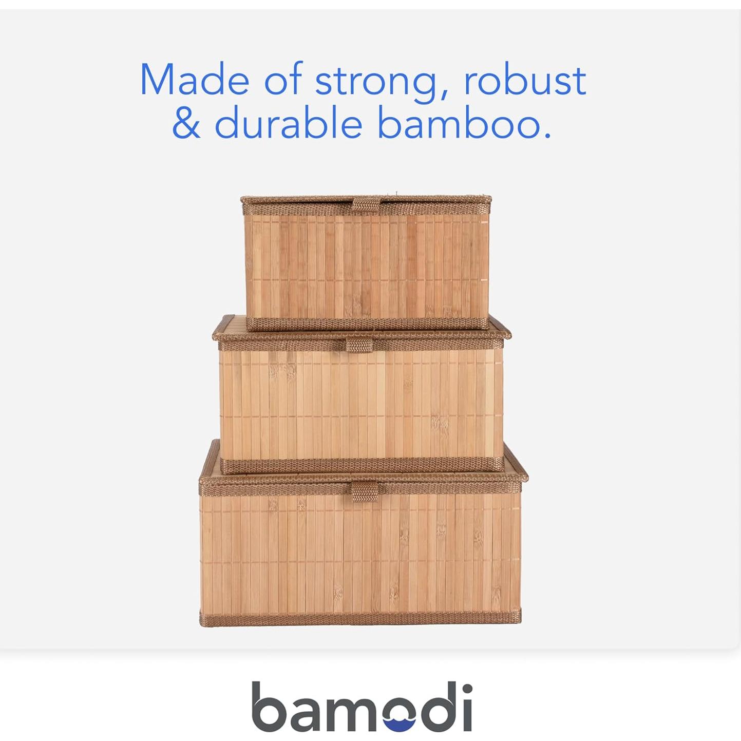 Set de 3 Cajas de Almacenamiento de Bambú Bamodi - Rectangulares Apilables con Tapa