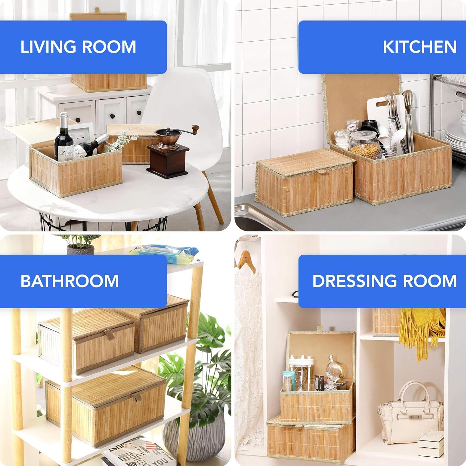 Set de 3 Cajas de Almacenamiento de Bambú Bamodi - Rectangulares Apilables con Tapa