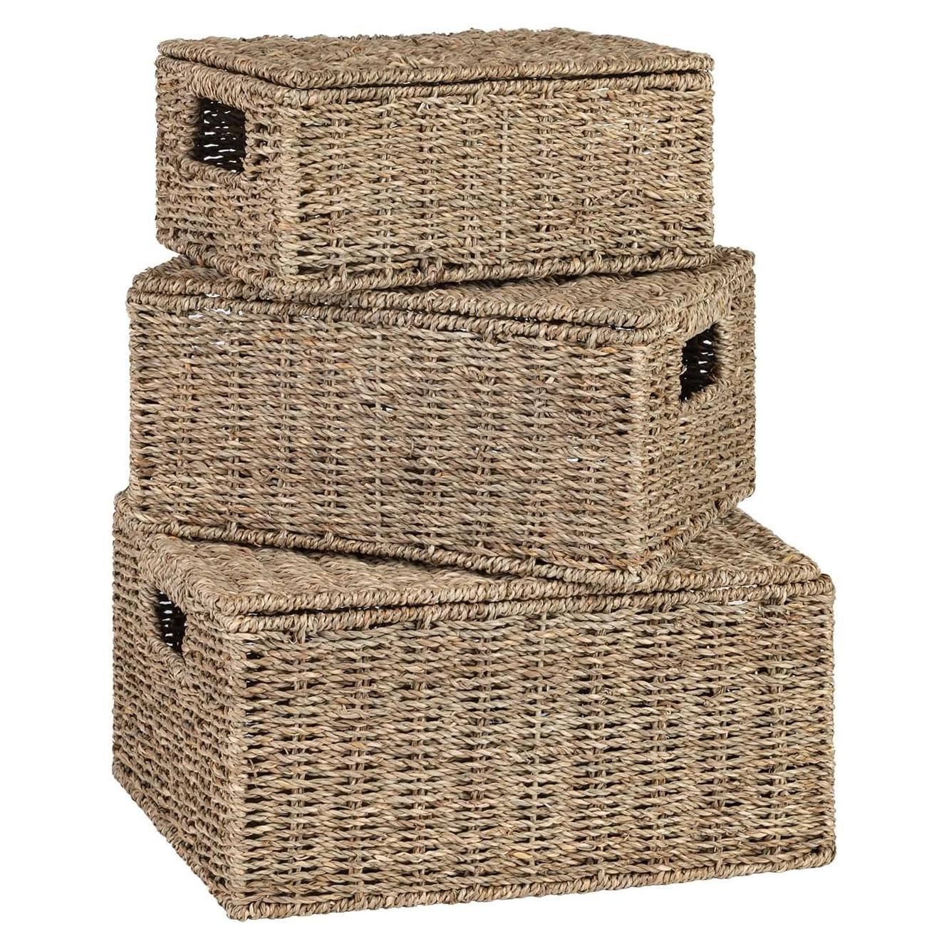 Cestas de Almacenamiento de Mimbre OEHID con Tapa - Juego de 3