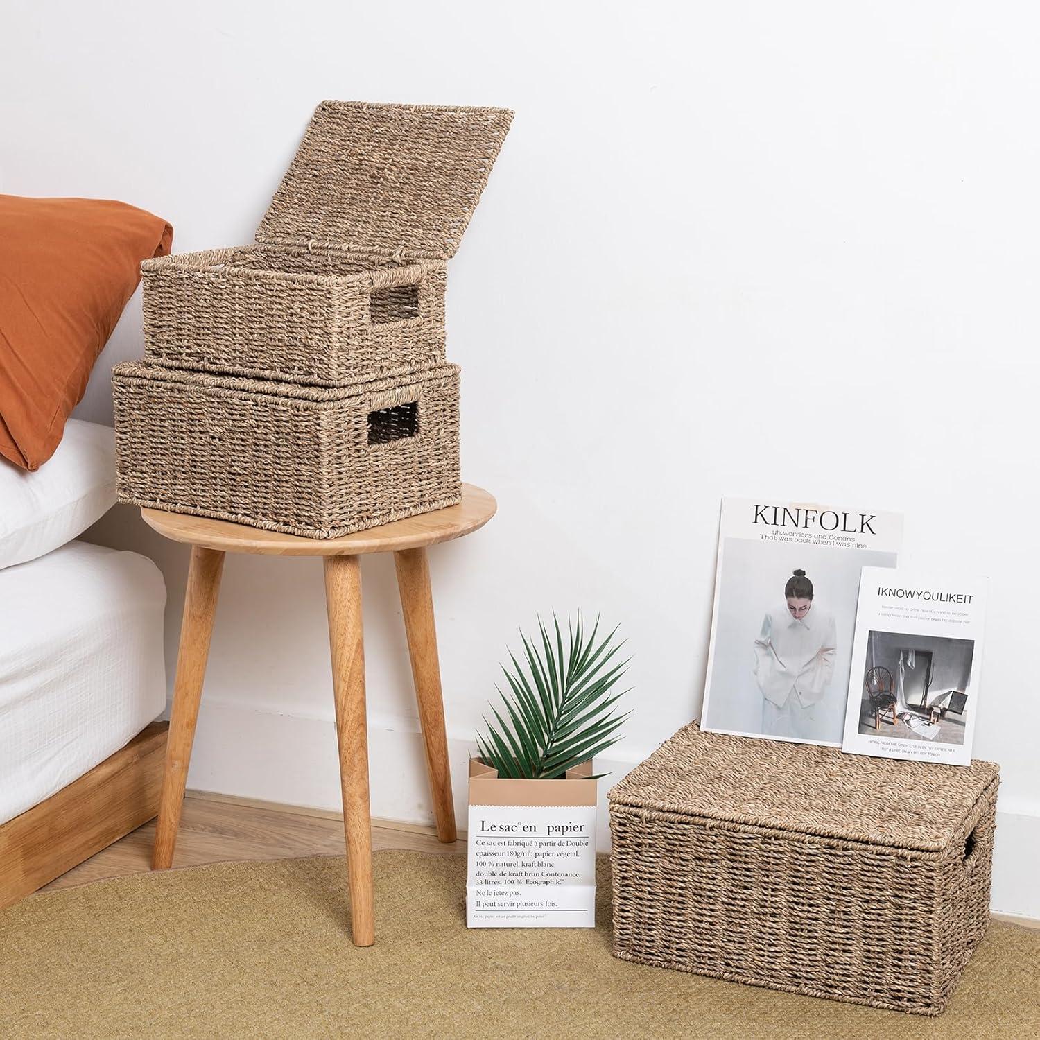 Cestas de Almacenamiento de Mimbre OEHID con Tapa - Juego de 3