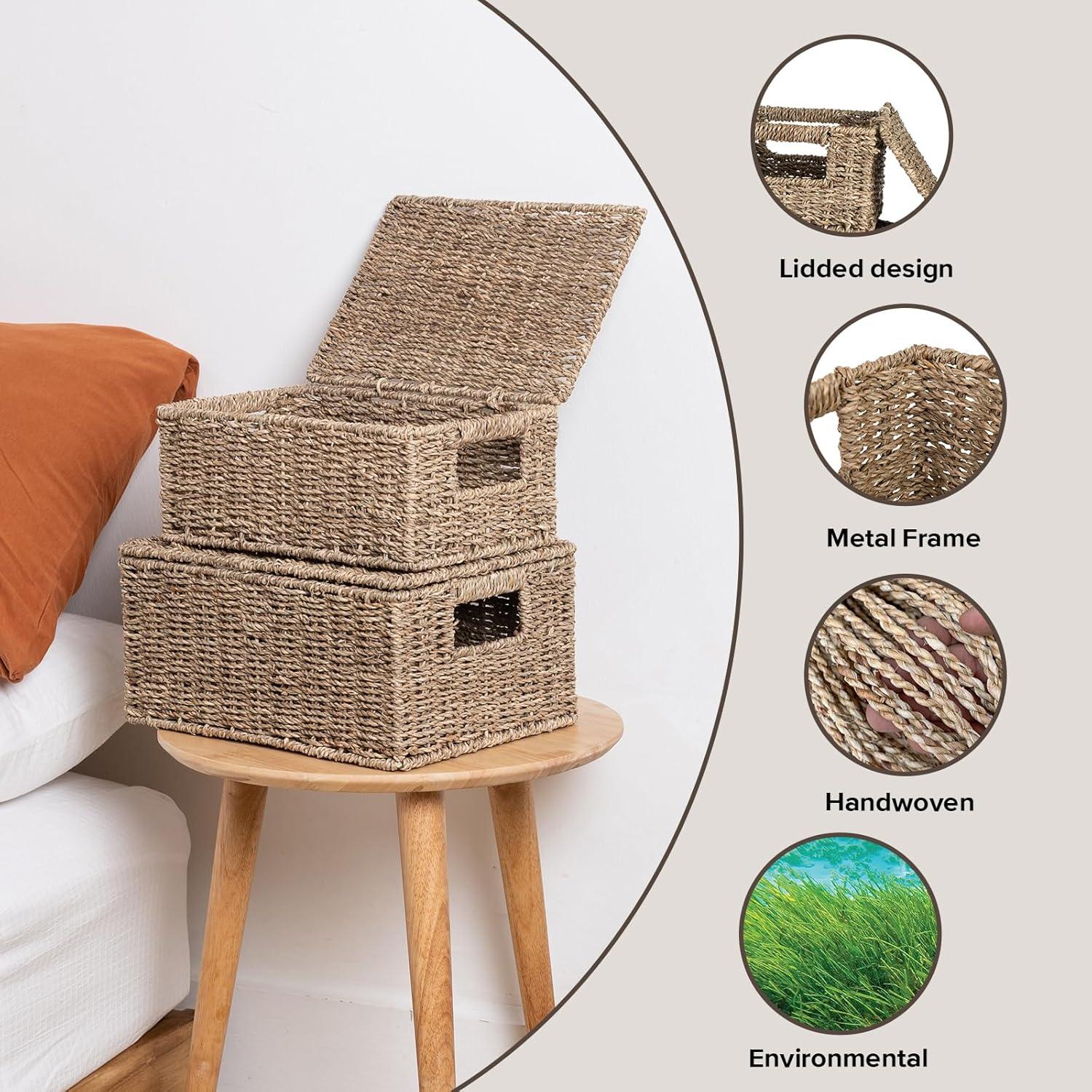 Cestas de Almacenamiento de Mimbre OEHID con Tapa - Juego de 3