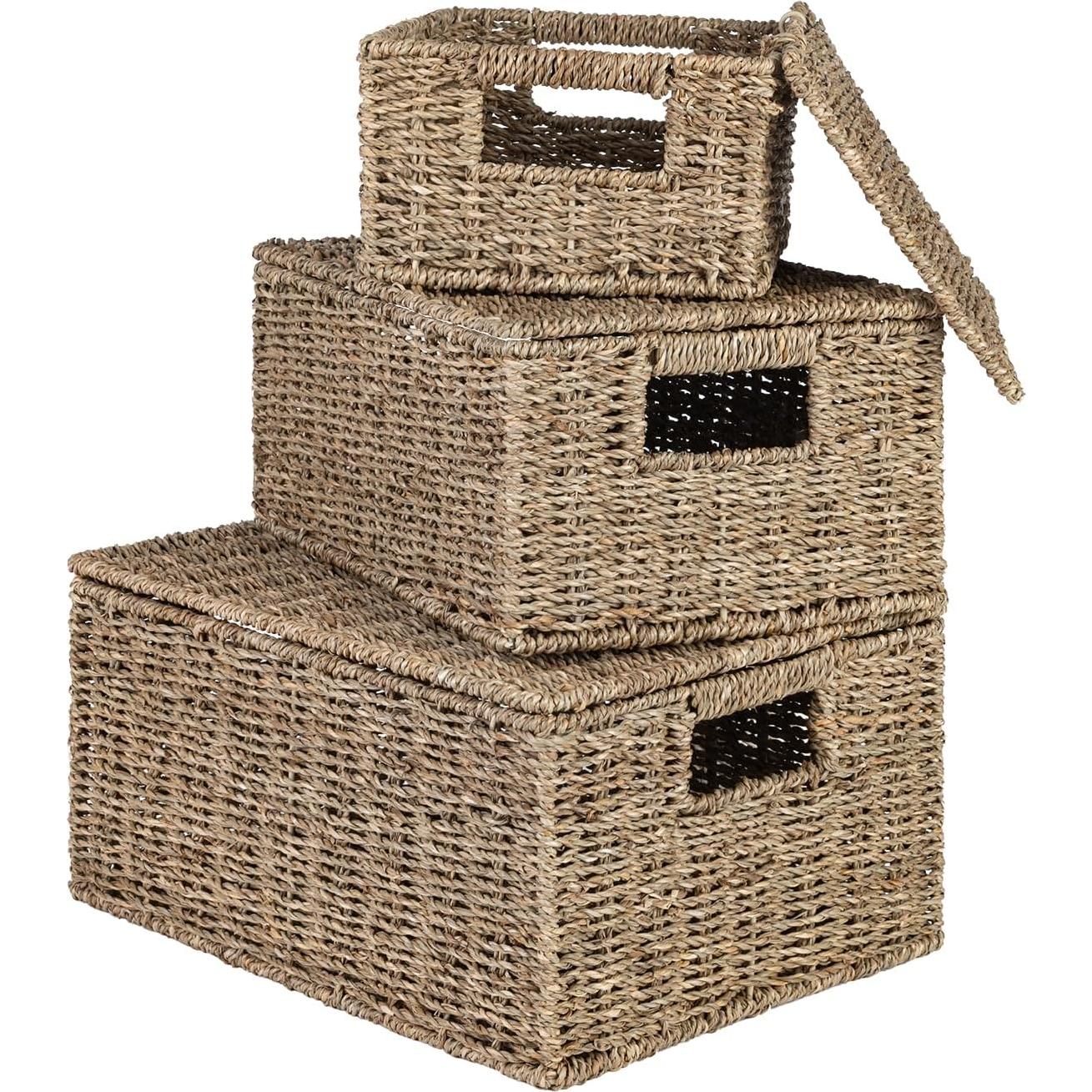 Cestas de Almacenamiento de Mimbre OEHID con Tapa - Juego de 3