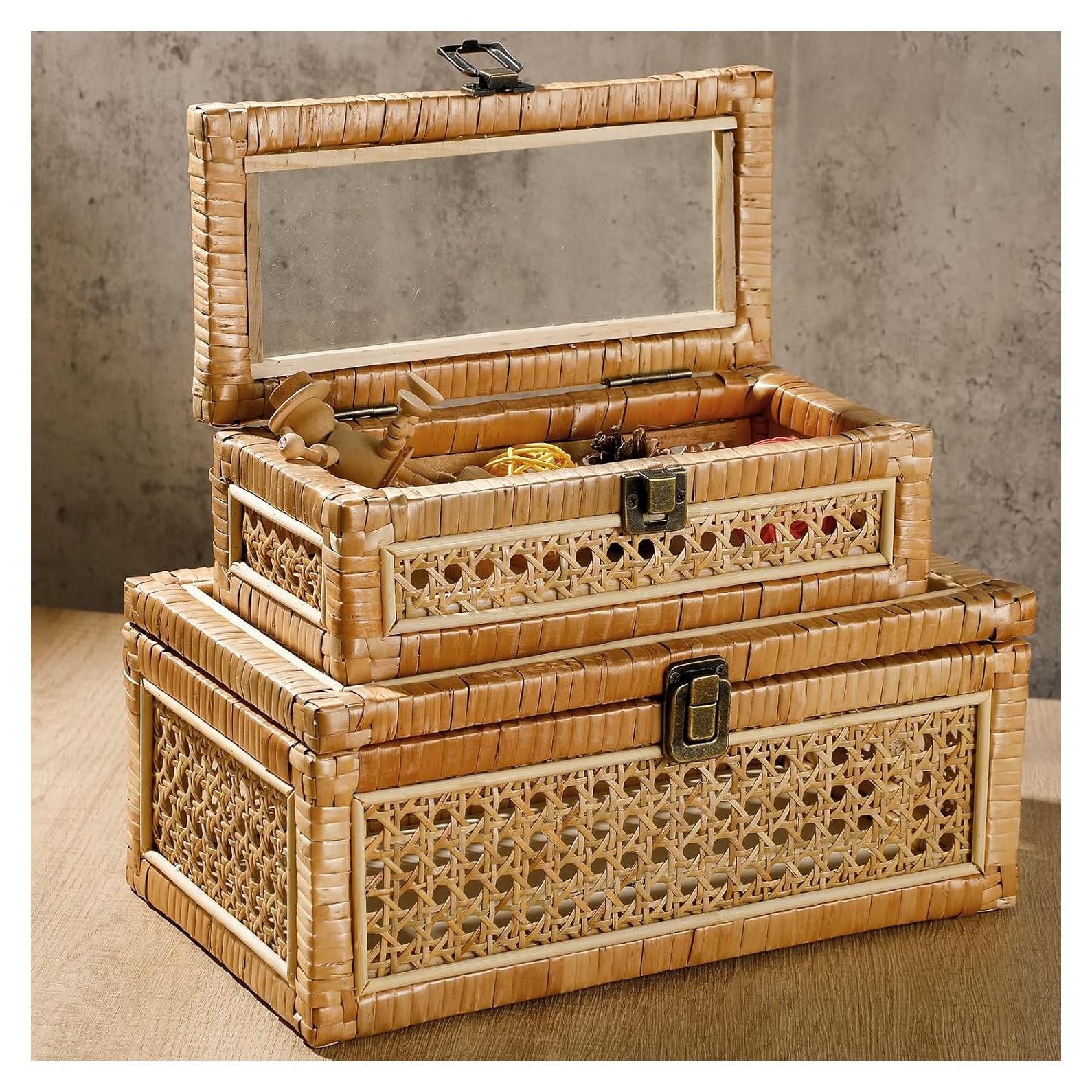 Juego de 2 Cajas Decorativas de Ratan LOYIM con Tapa de Vidrio