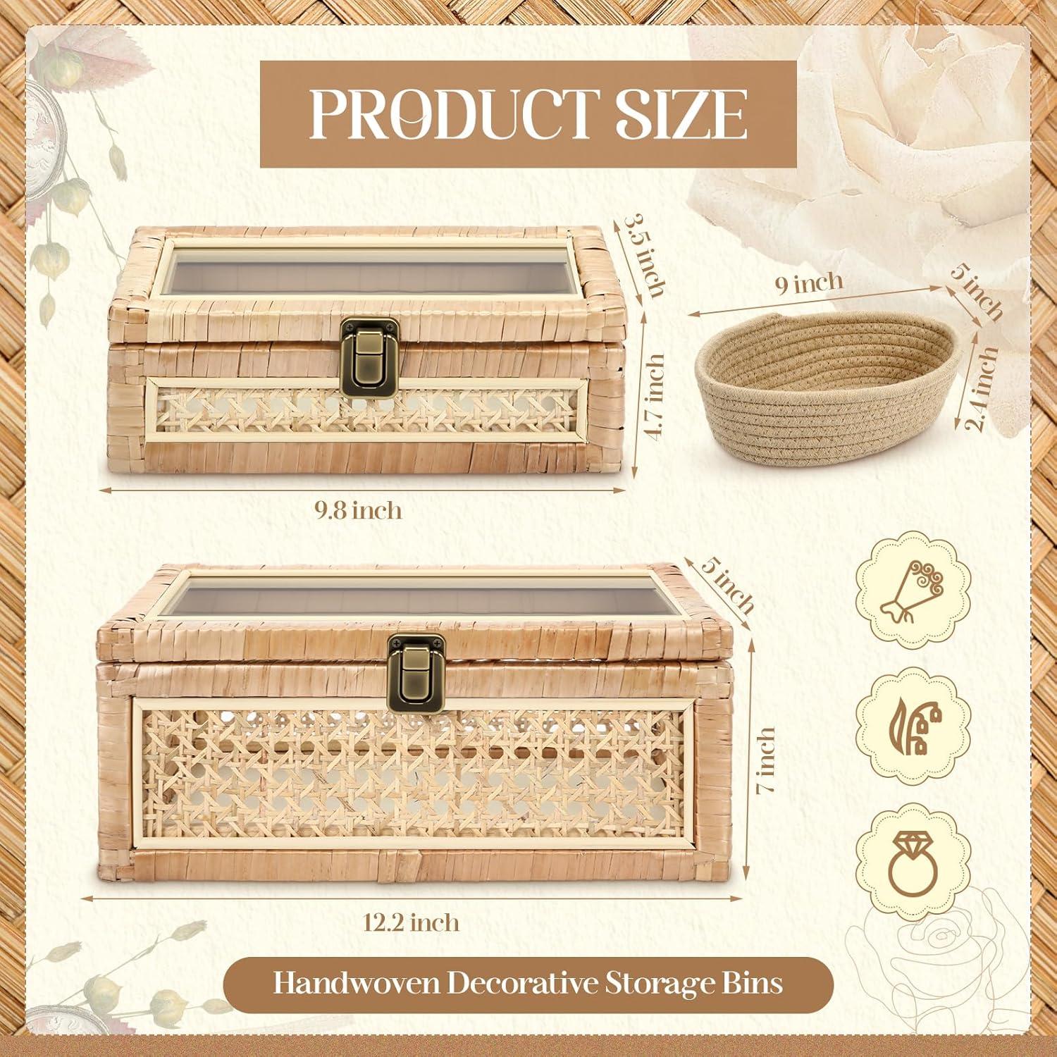 Juego de 2 Cajas Decorativas de Ratan LOYIM con Tapa de Vidrio