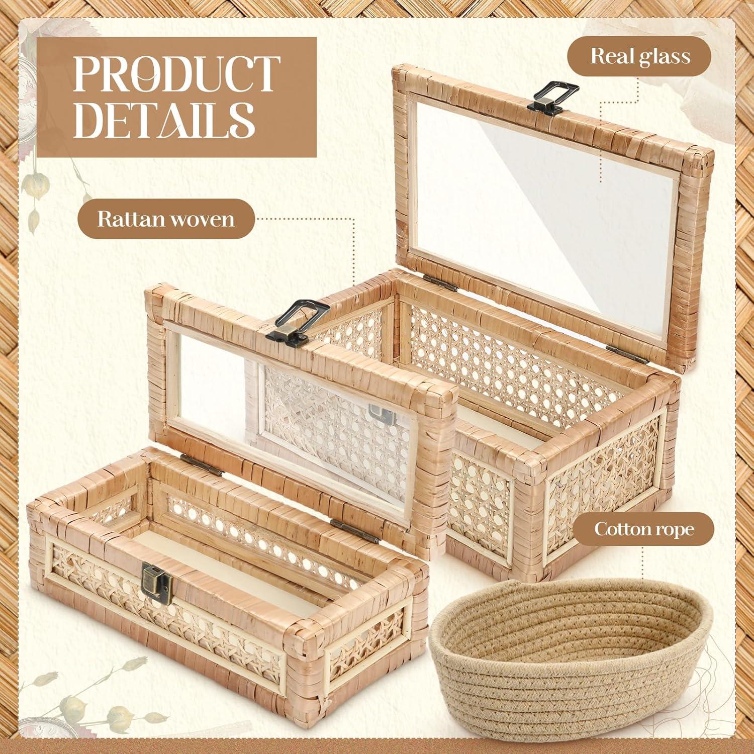 Juego de 2 Cajas Decorativas de Ratan LOYIM con Tapa de Vidrio