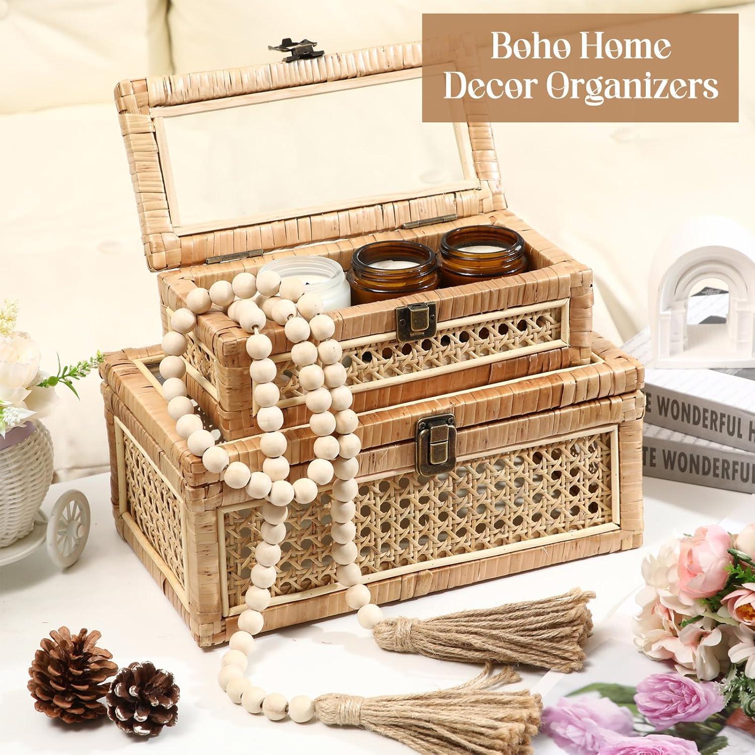 Juego de 2 Cajas Decorativas de Ratan LOYIM con Tapa de Vidrio