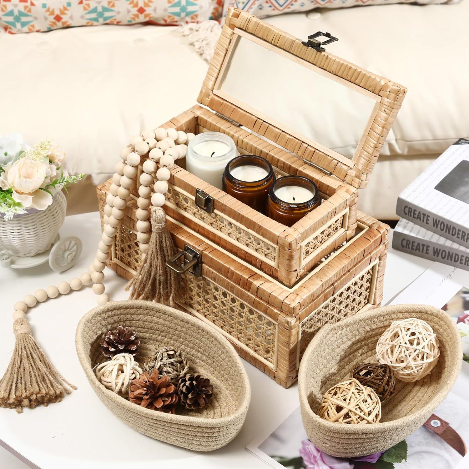 Juego de 2 Cajas Decorativas de Ratan LOYIM con Tapa de Vidrio