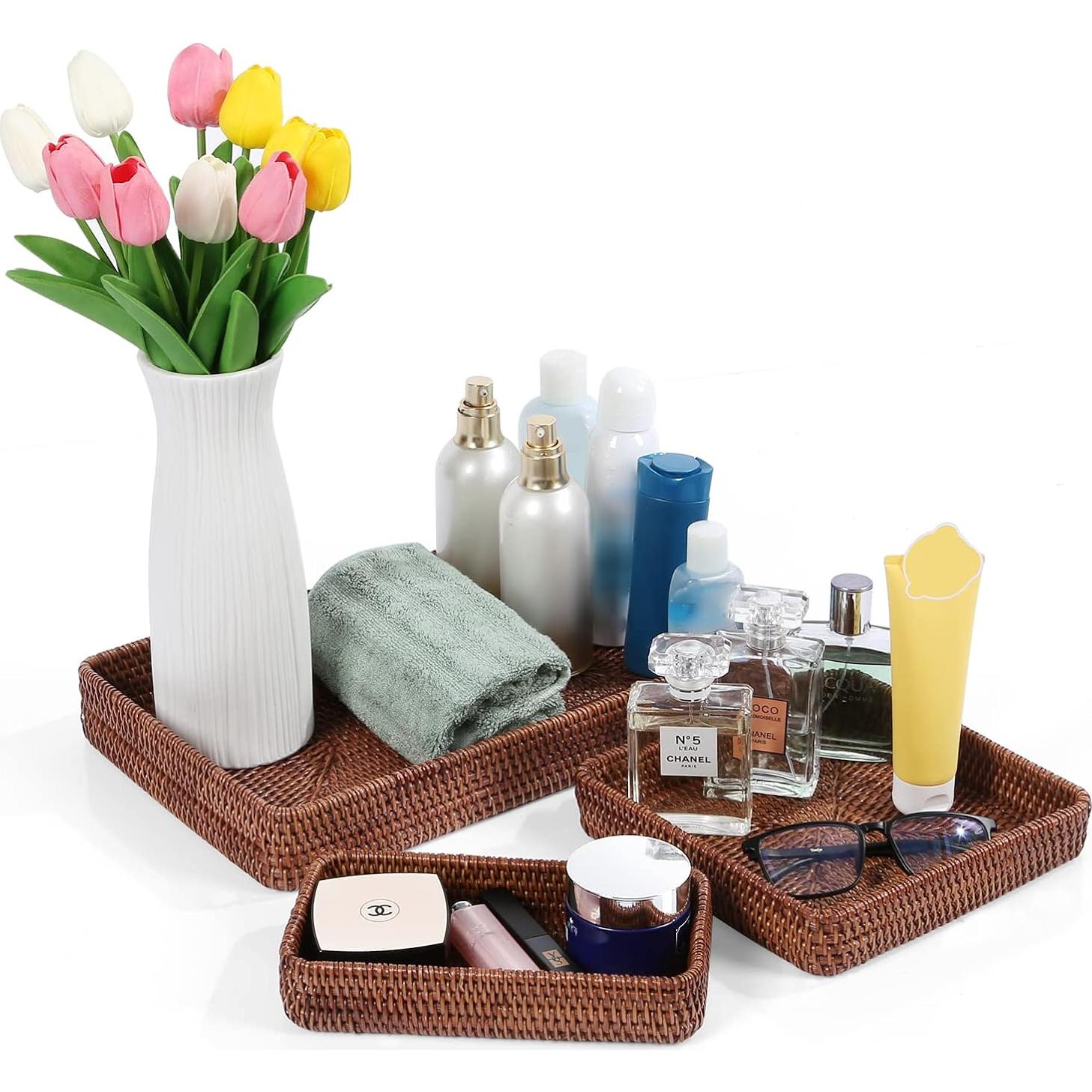 Bandeja Rectangular de Ratán YANGQIHOME - Juego de 3 - Marrón Oscuro