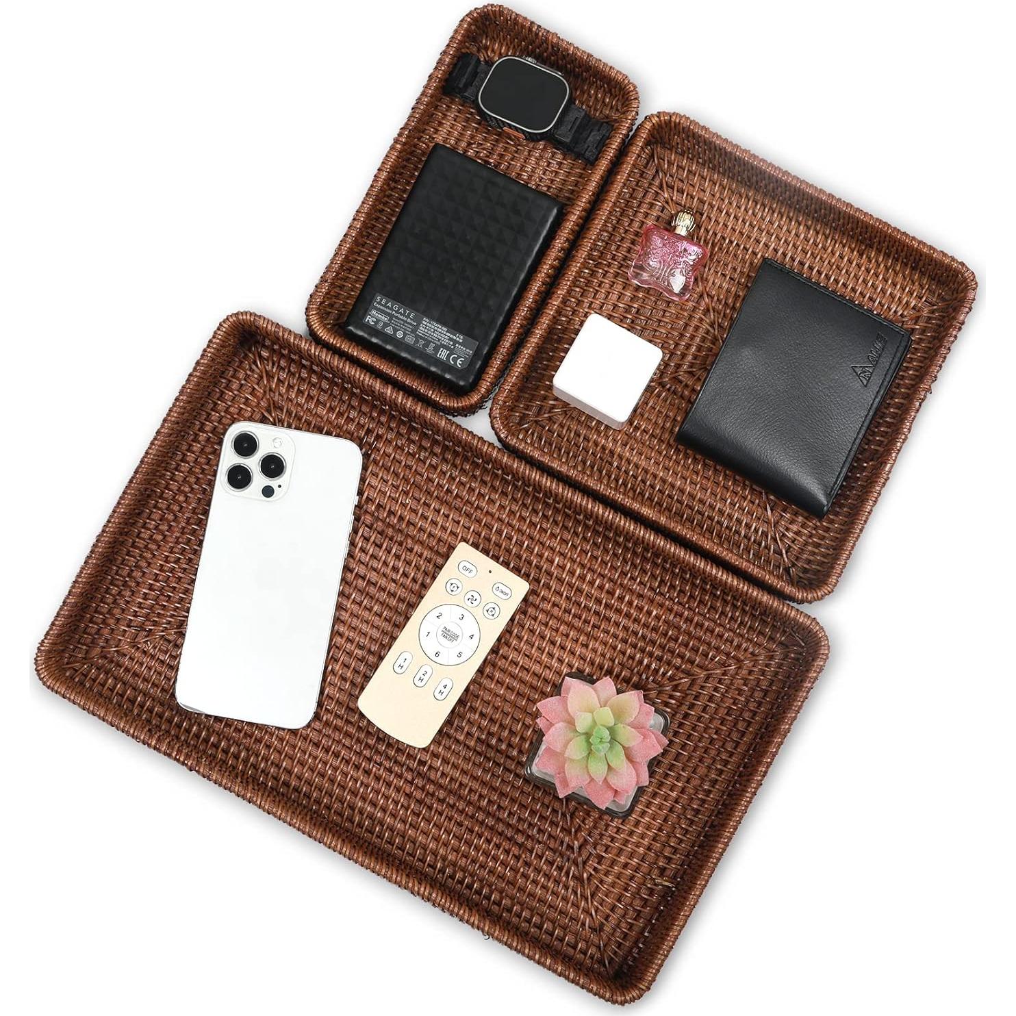 Bandeja Rectangular de Ratán YANGQIHOME - Juego de 3 - Marrón Oscuro