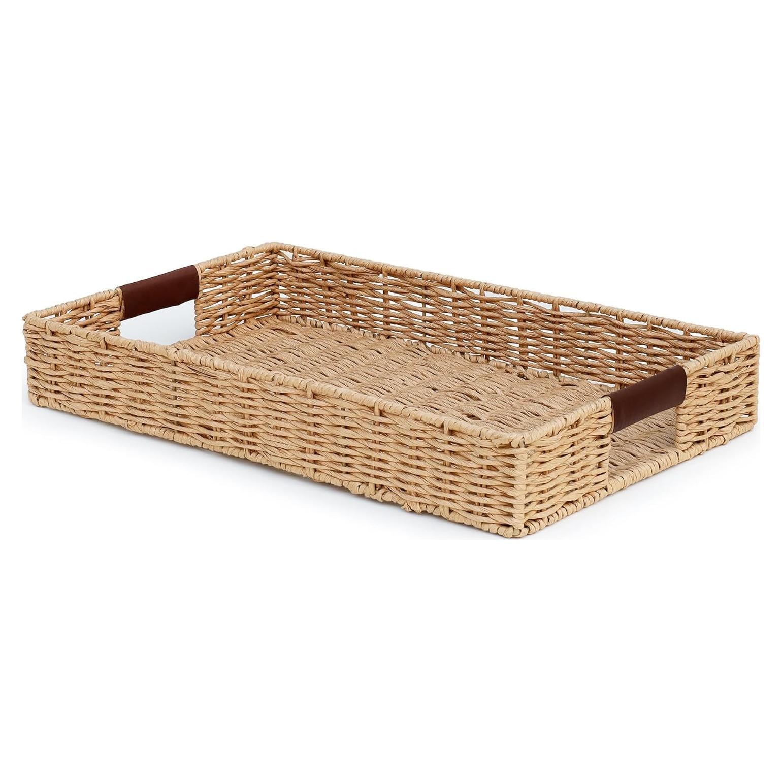 Bandeja Rectangular de Ratan Summit Living 50.8x30.5cm con Mangos de Cuero