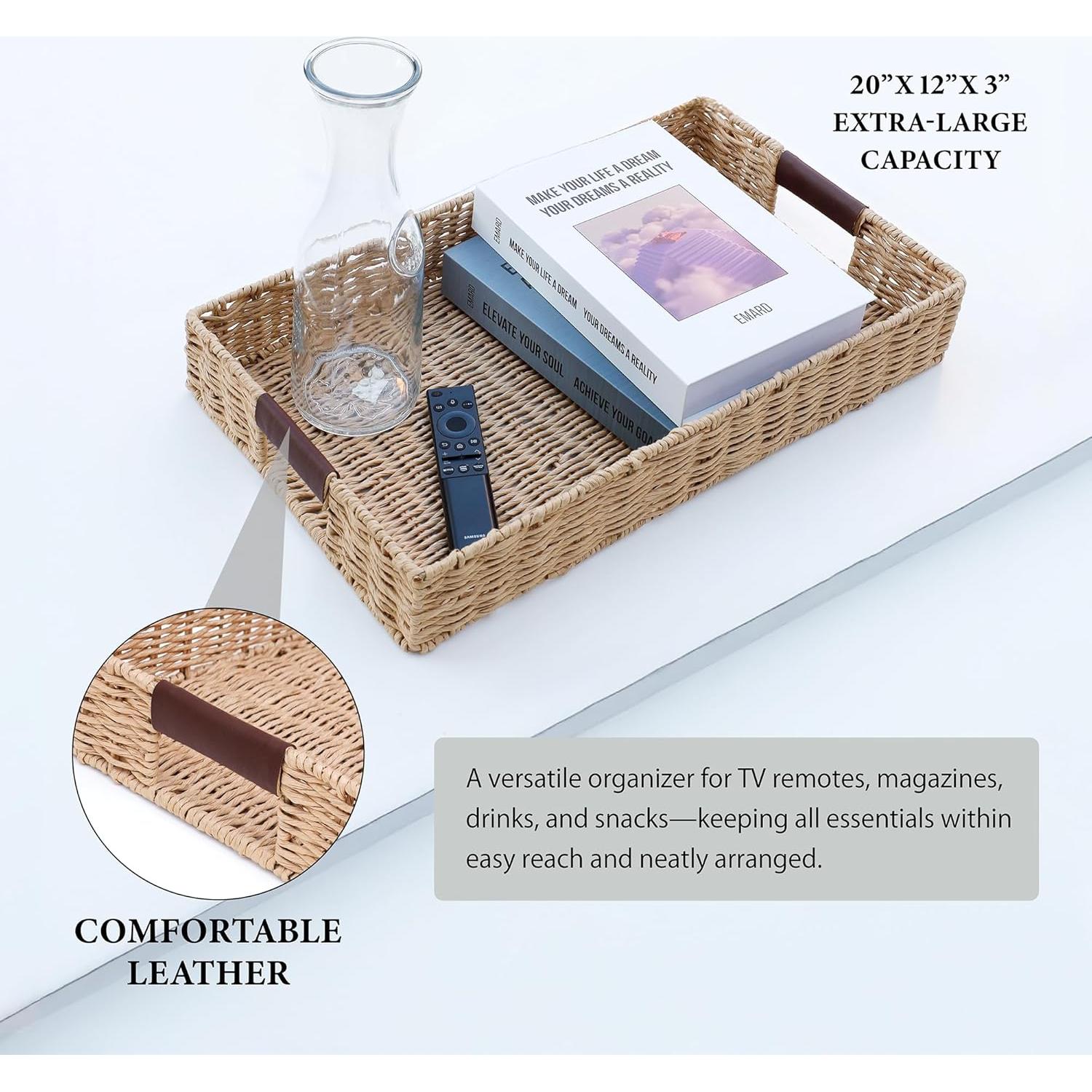 Bandeja Rectangular de Ratan Summit Living 50.8x30.5cm con Mangos de Cuero