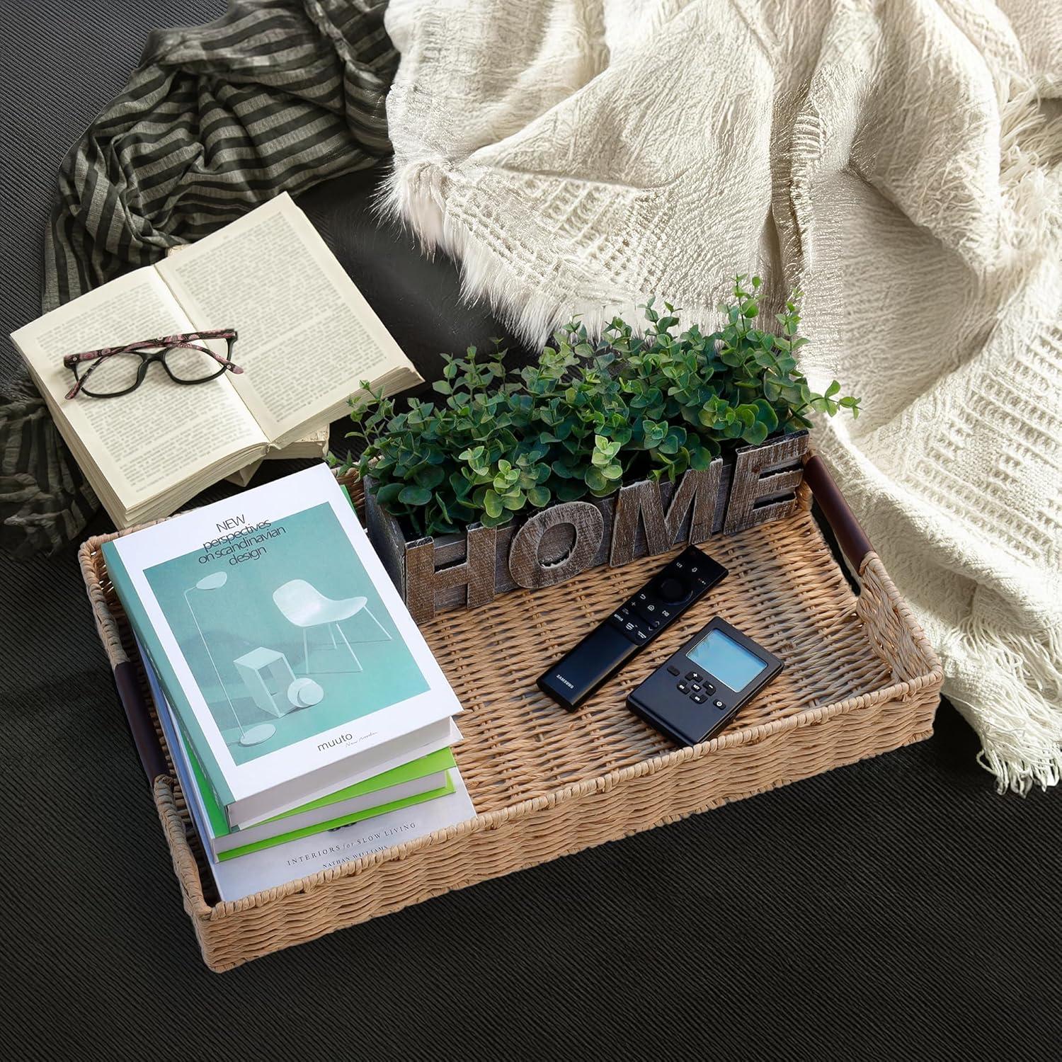 Bandeja Rectangular de Ratan Summit Living 50.8x30.5cm con Mangos de Cuero