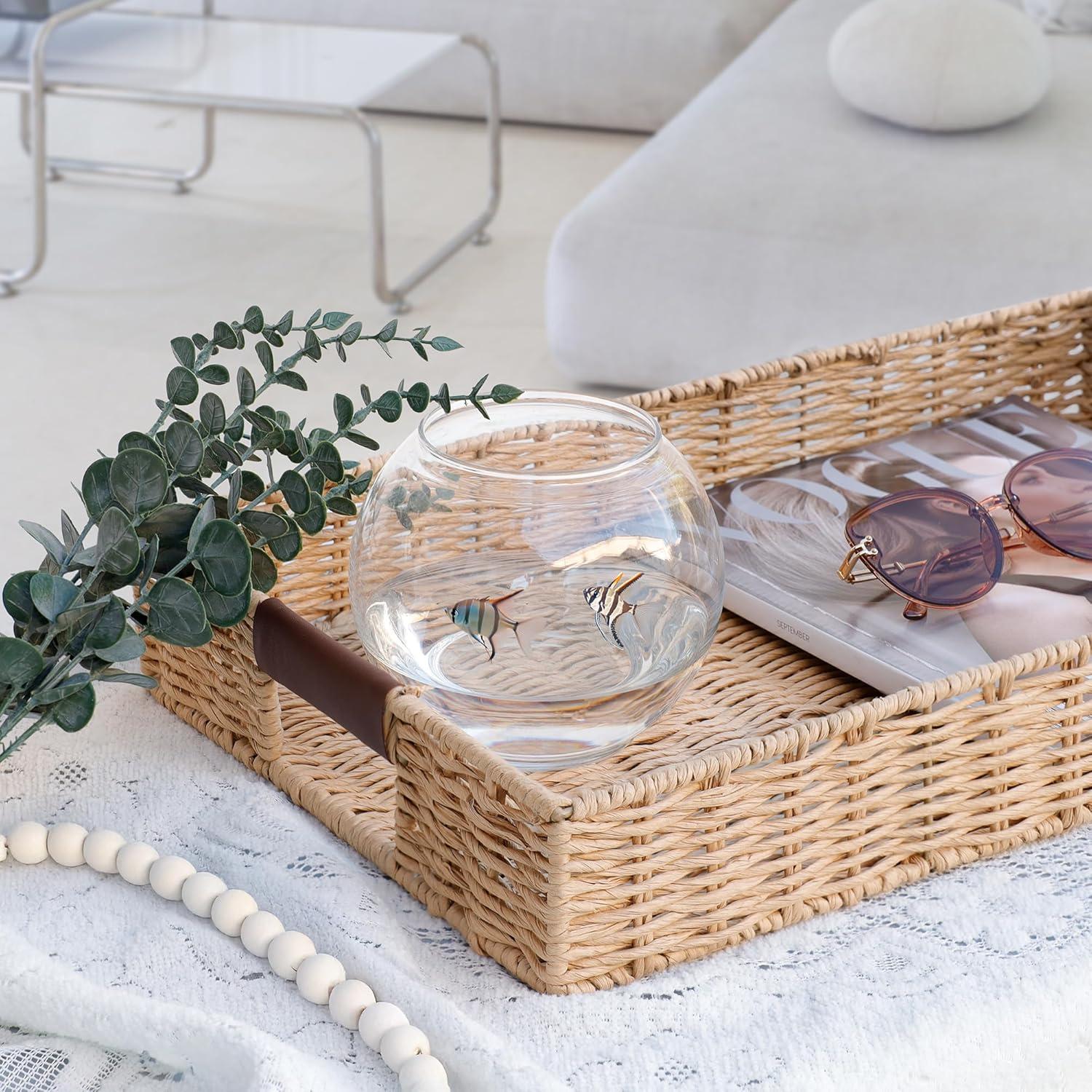 Bandeja Rectangular de Ratan Summit Living 50.8x30.5cm con Mangos de Cuero