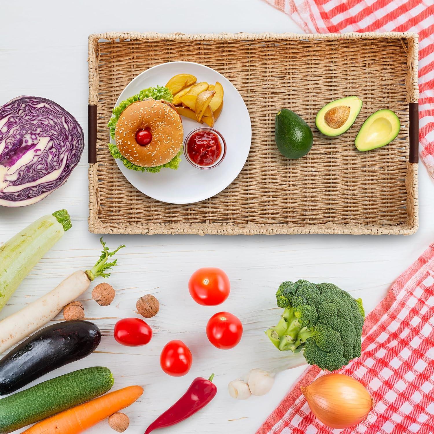 Bandeja Rectangular de Ratan Summit Living 50.8x30.5cm con Mangos de Cuero