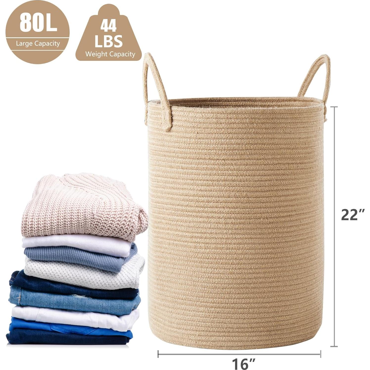 Cesta de lavandería extra grande MOJOSCEND 80L yute redonda