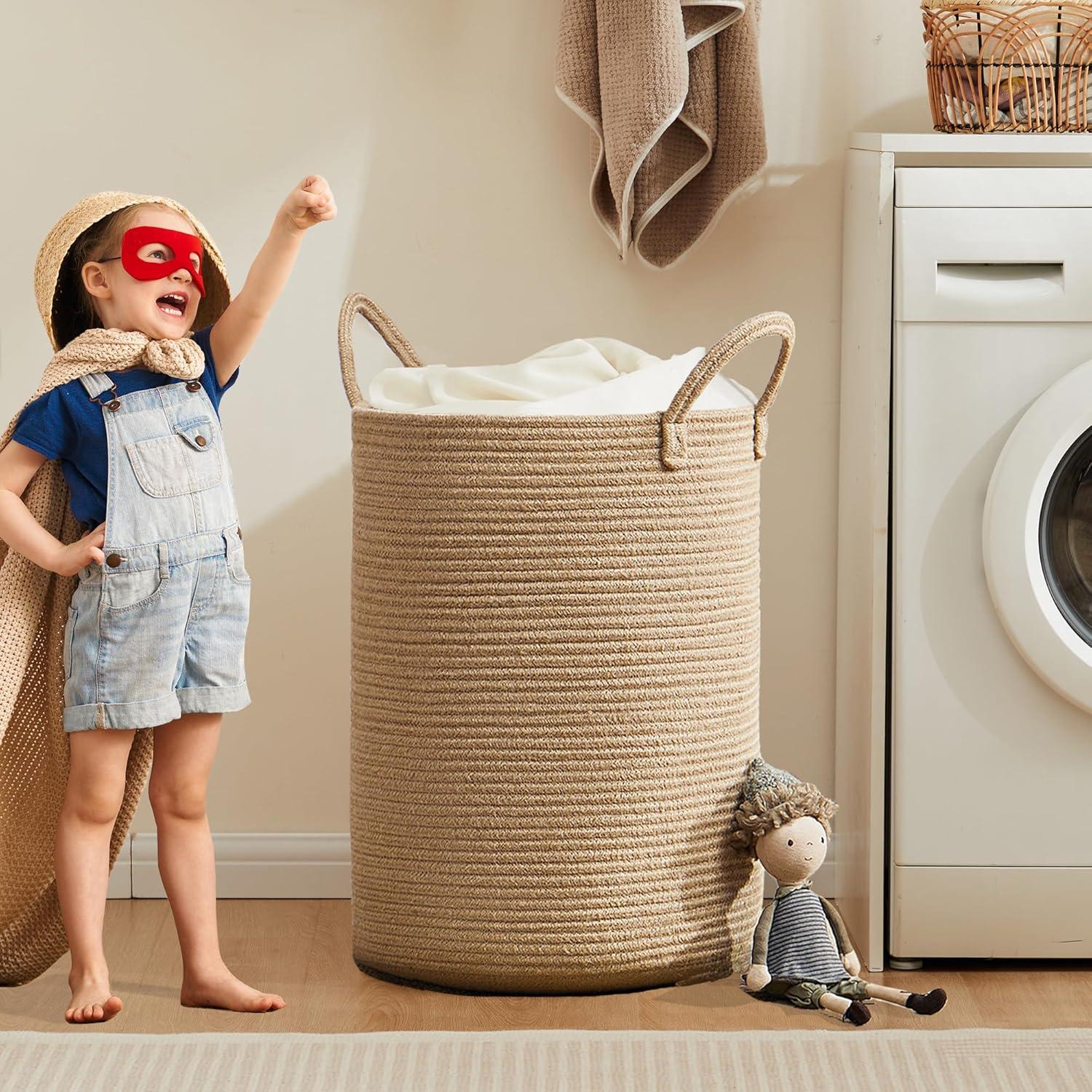 Cesta de lavandería extra grande MOJOSCEND 80L yute redonda