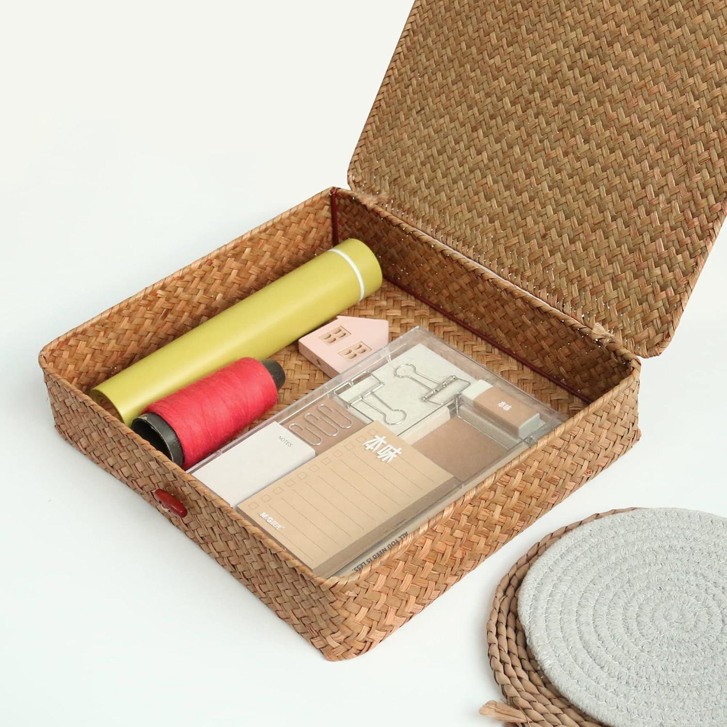 Juego de 2 Cestas de Mimbre FEILANDUO con Tapa - Almacenamiento Boho