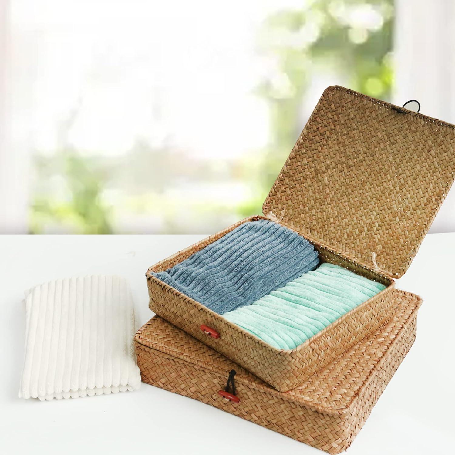 Juego de 2 Cestas de Mimbre FEILANDUO con Tapa - Almacenamiento Boho