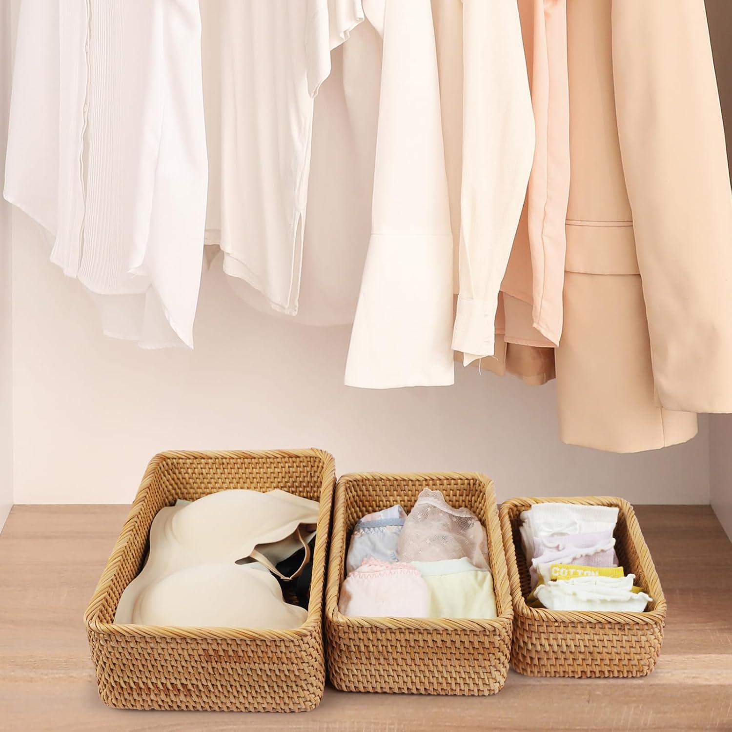 Juego de 3 cestas de almacenamiento de ratán natural YOHEOIIO