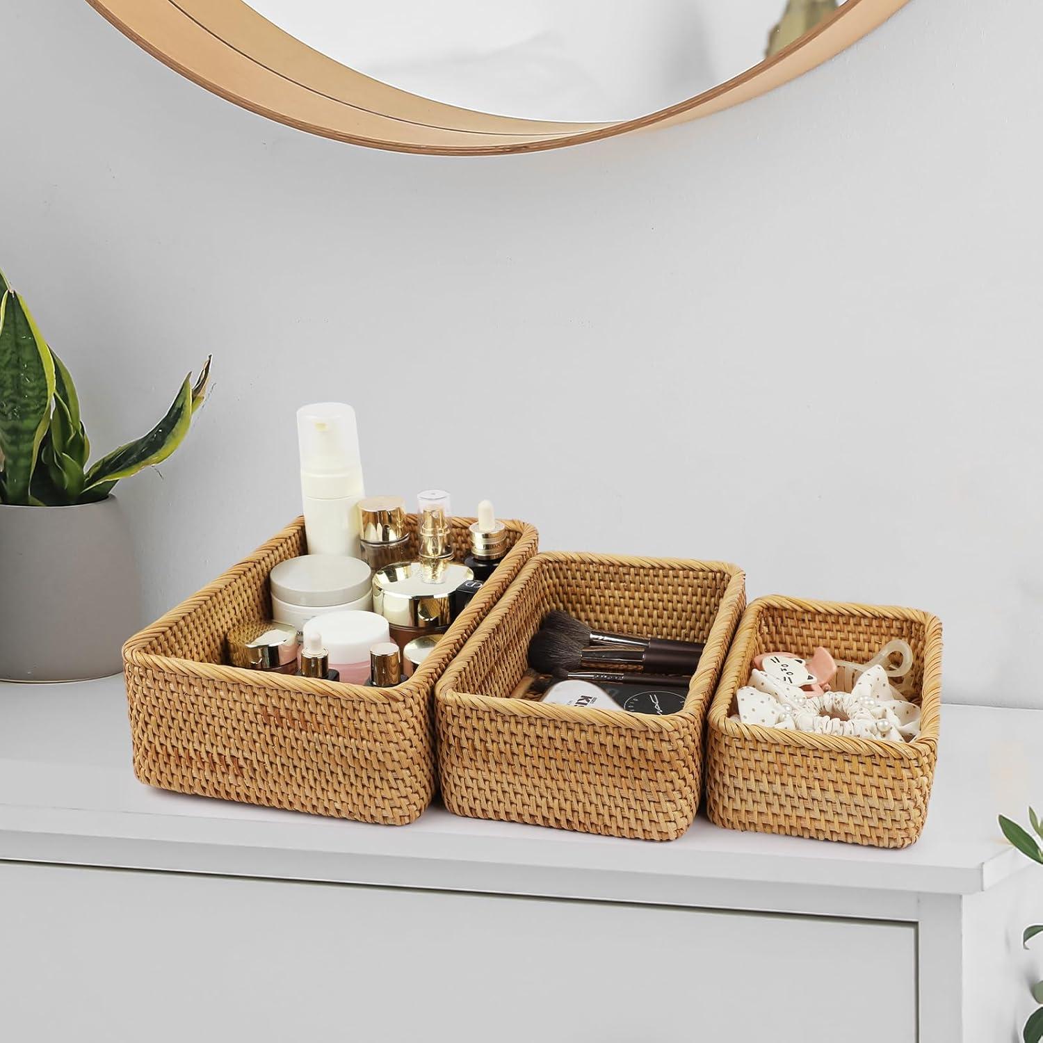 Juego de 3 cestas de almacenamiento de ratán natural YOHEOIIO