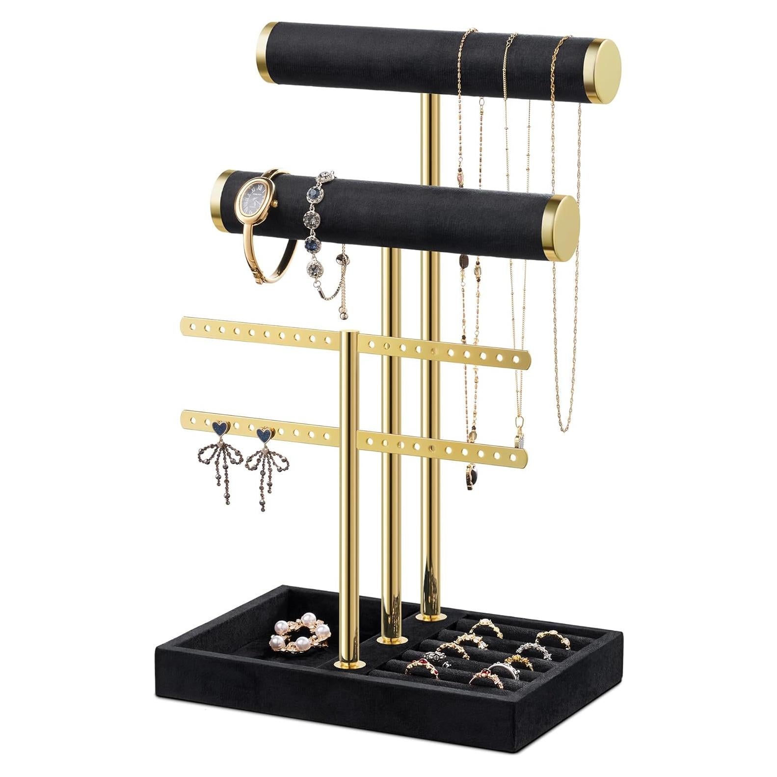 Soporte de Joyería Josmimic de Terciopelo Negro 3 Niveles