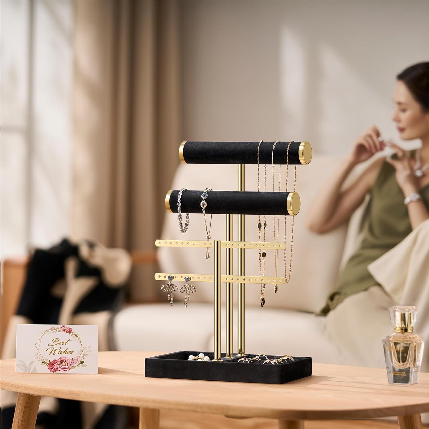 Soporte de Joyería Josmimic de Terciopelo Negro 3 Niveles