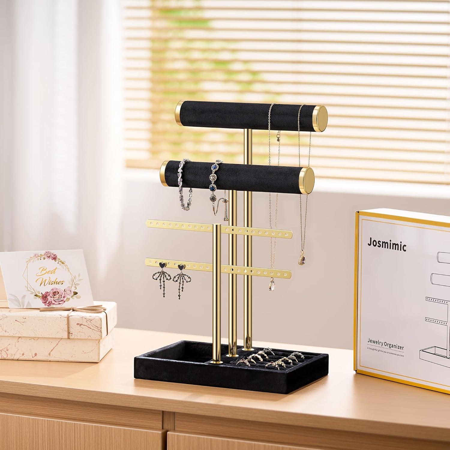 Soporte de Joyería Josmimic de Terciopelo Negro 3 Niveles