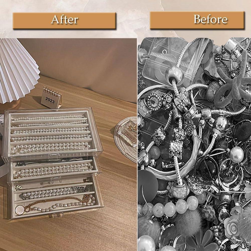 Caja Organizadora de Collares CLUQMEIK Beige 3 Cajones Terciopelo