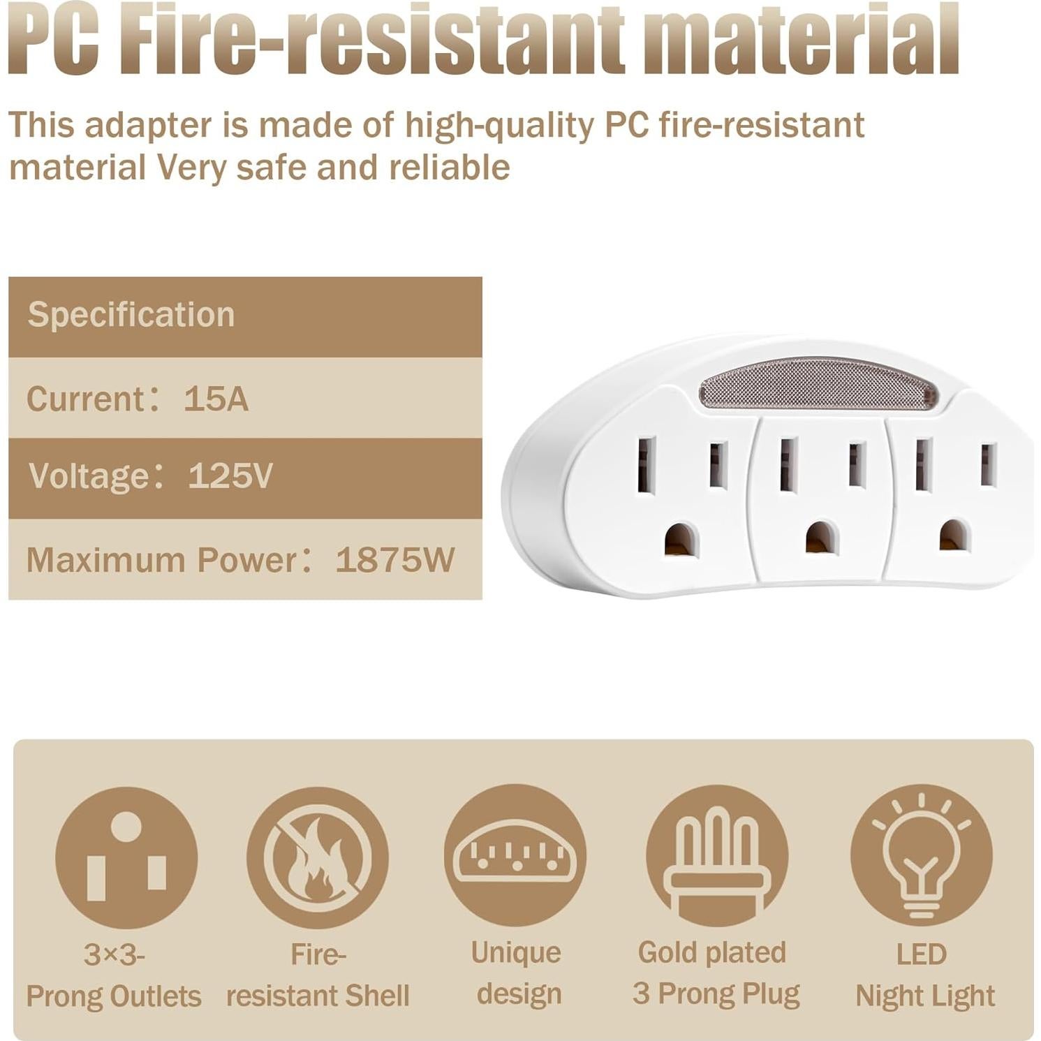 Adaptador múltiple Togconn 3 salidas con luz nocturna ETL