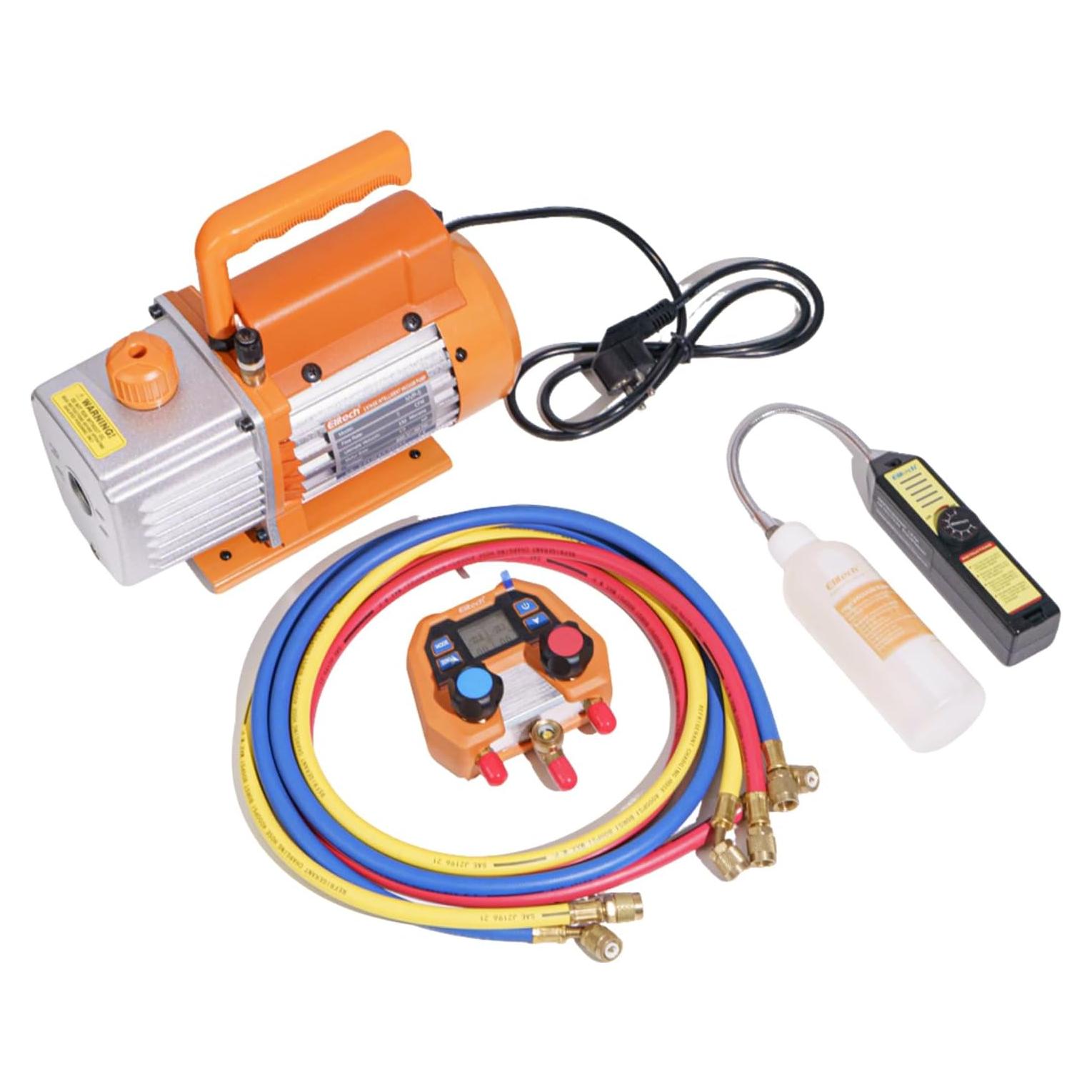 Kit de Herramientas HVAC 4-en-1 Elitech - Bomba 5CFM, Manómetro Digital, Detector de Fugas WJL-6000