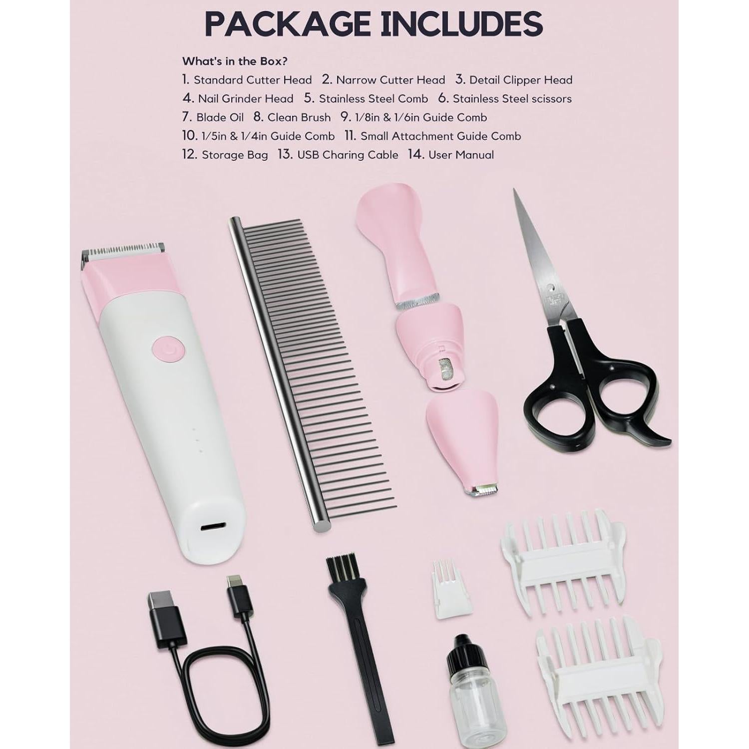 Kit Cortapelos Inalámbrico Roiffcly 4 en 1 para Perros Rosa