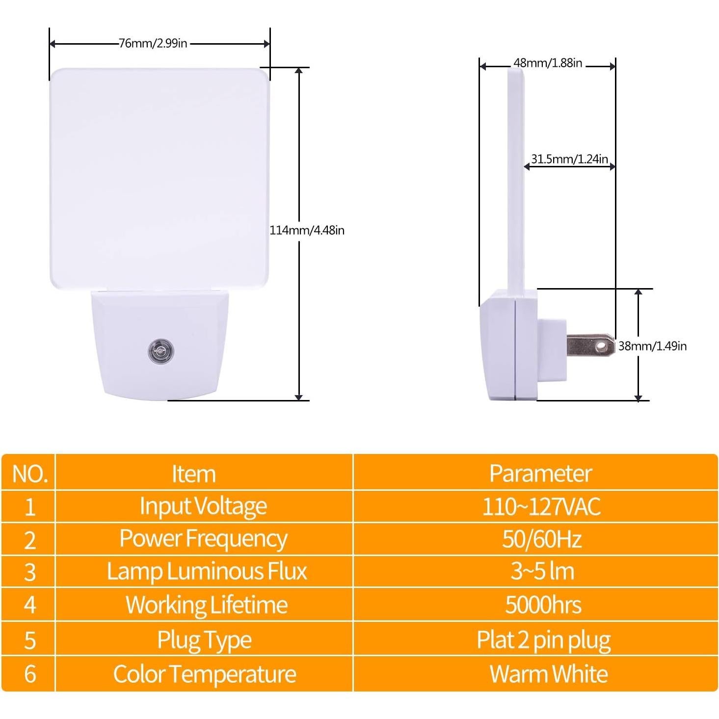 Luz Nocturna LED KINUR Ámbar Suave con Sensor Crepúsculo 2 Pzs