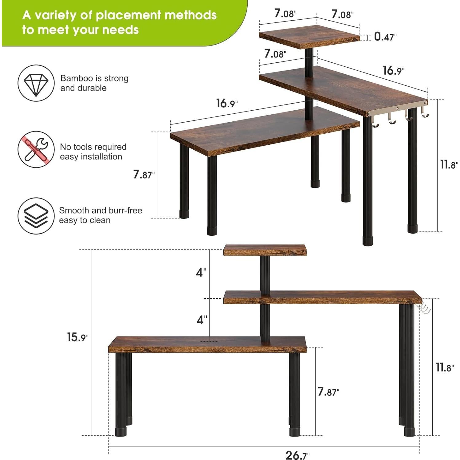 Estante de Esquina BMOSU Ajustable 3 Niveles Madera Rústica