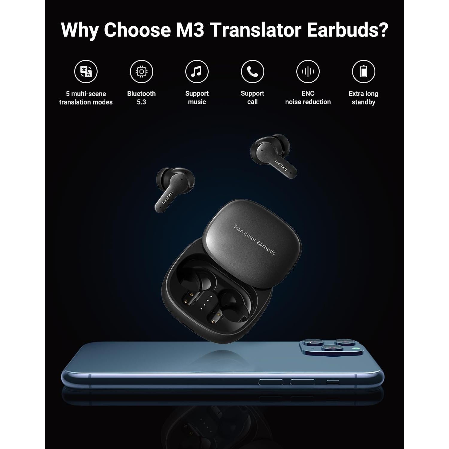 Auriculares Traductores AI XUPURTLK M3TNES 144 Idiomas Negro
