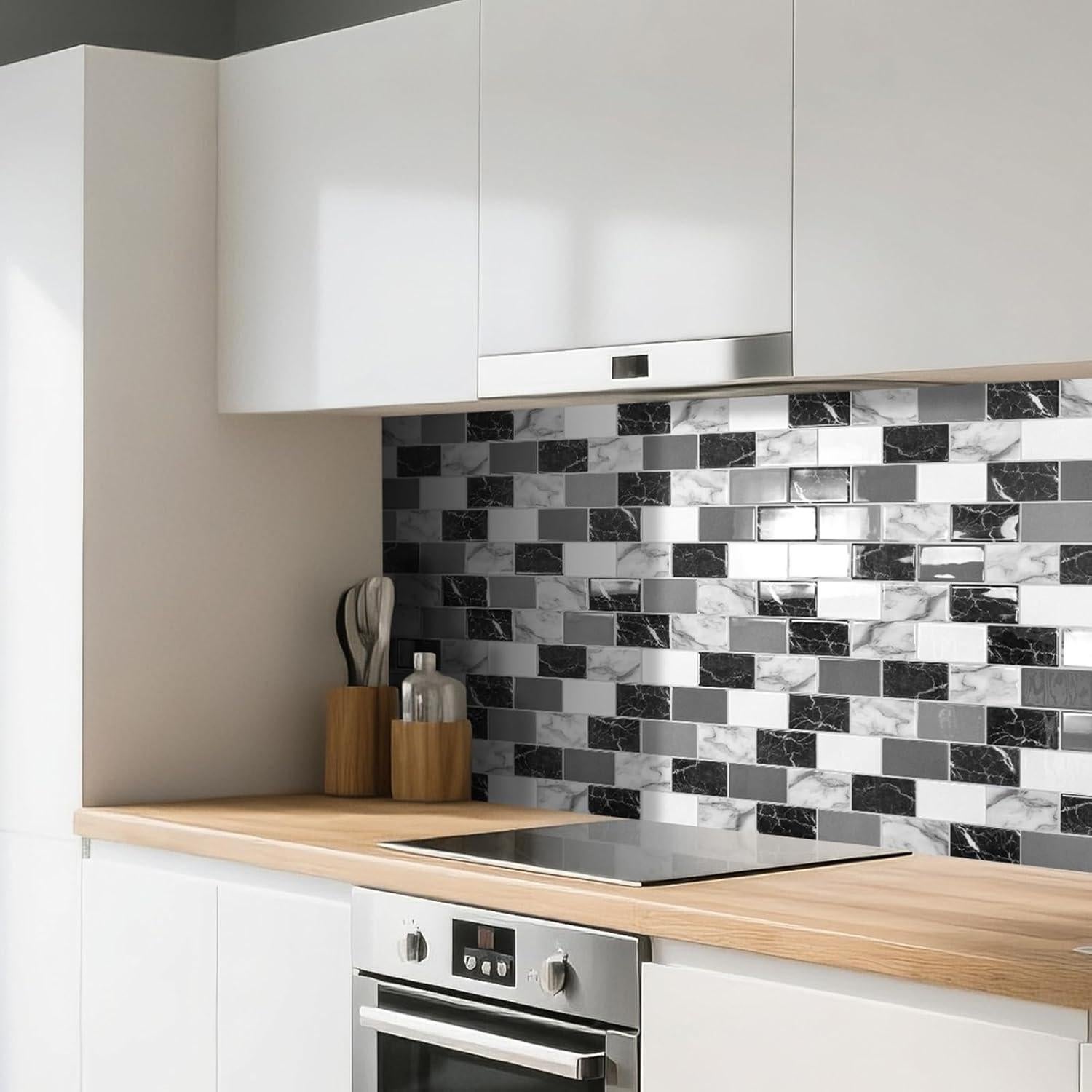 Azulejos de Pared Autoadhesivos Art3d 30.48cm Mármol Negro Blanco Gris