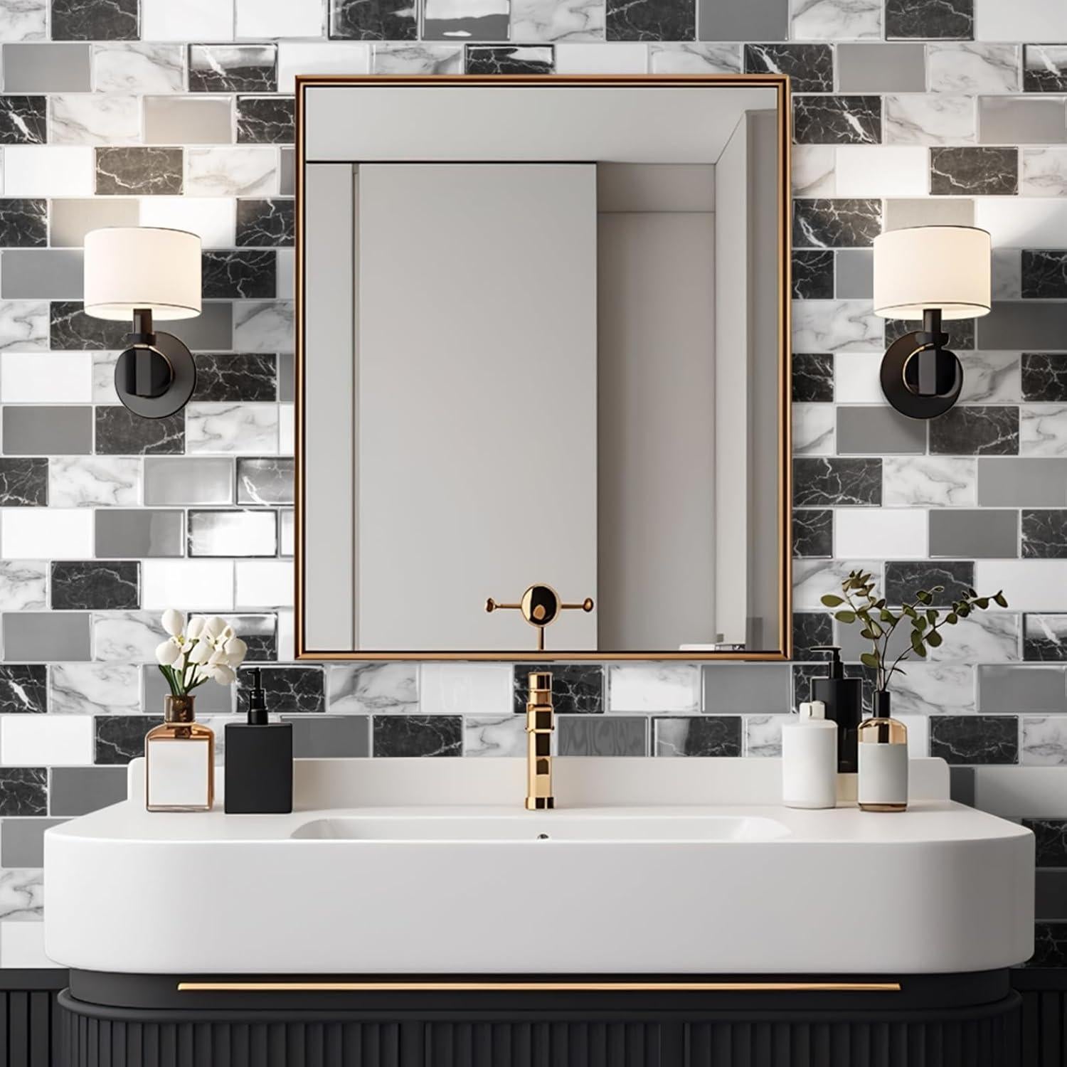 Azulejos de Pared Autoadhesivos Art3d 30.48cm Mármol Negro Blanco Gris