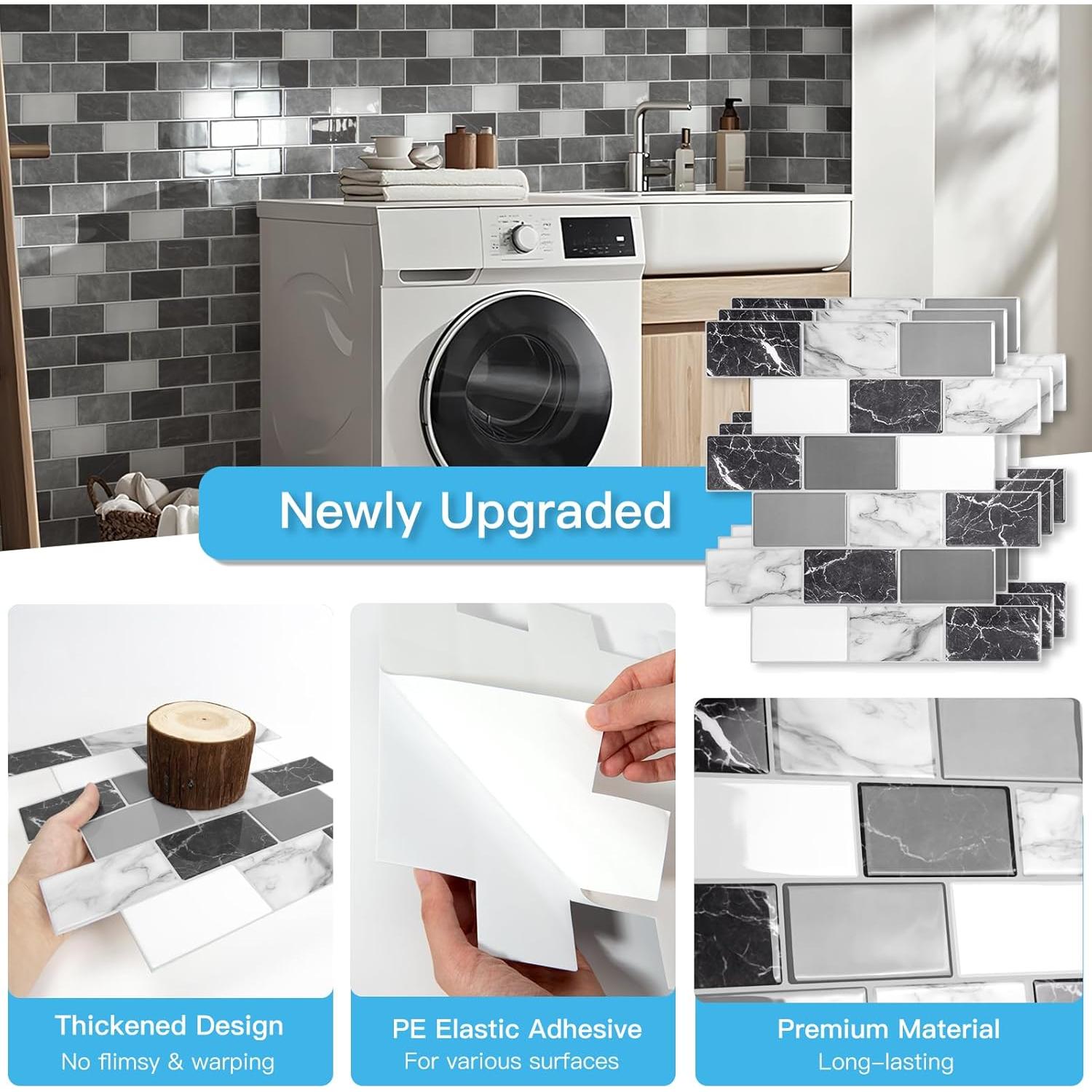 Azulejos de Pared Autoadhesivos Art3d 30.48cm Mármol Negro Blanco Gris