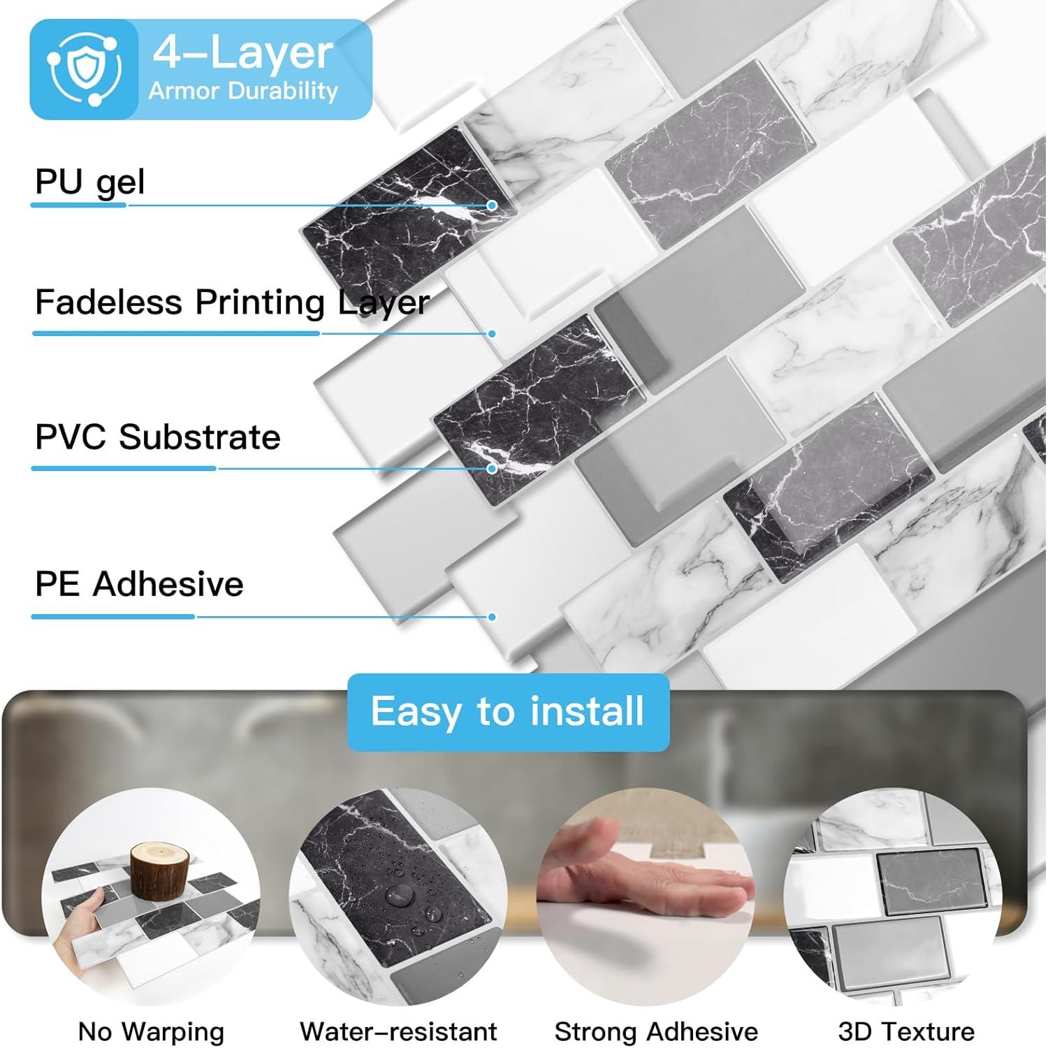 Azulejos de Pared Autoadhesivos Art3d 30.48cm Mármol Negro Blanco Gris